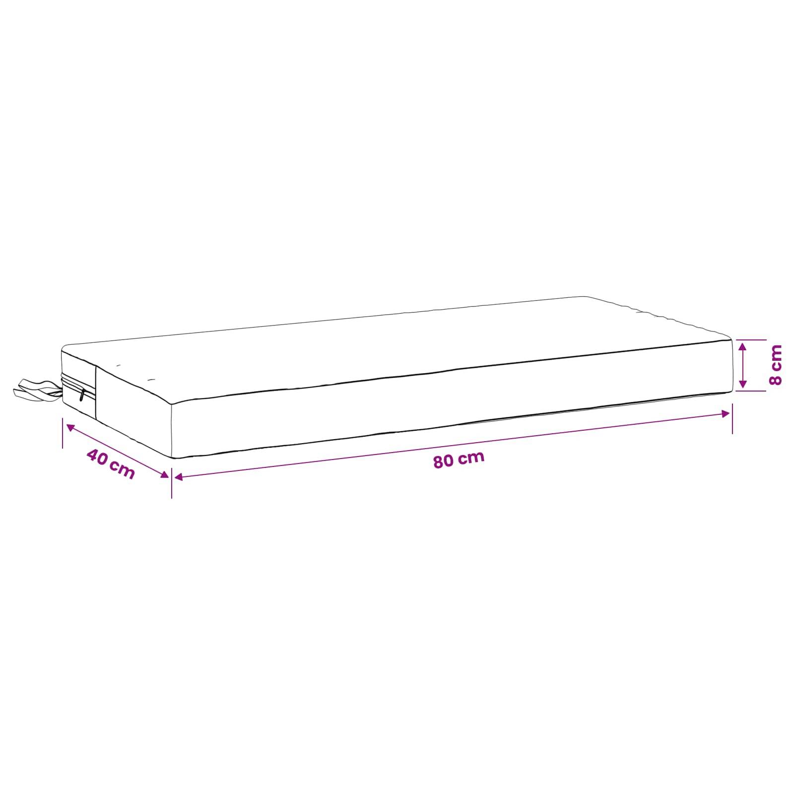 Diagramm einer rechteckigen drahtgestützten Matte oder Matratze mit den Abmessungen 80 cm Länge, 40 cm Breite und 8 cm Höhe.