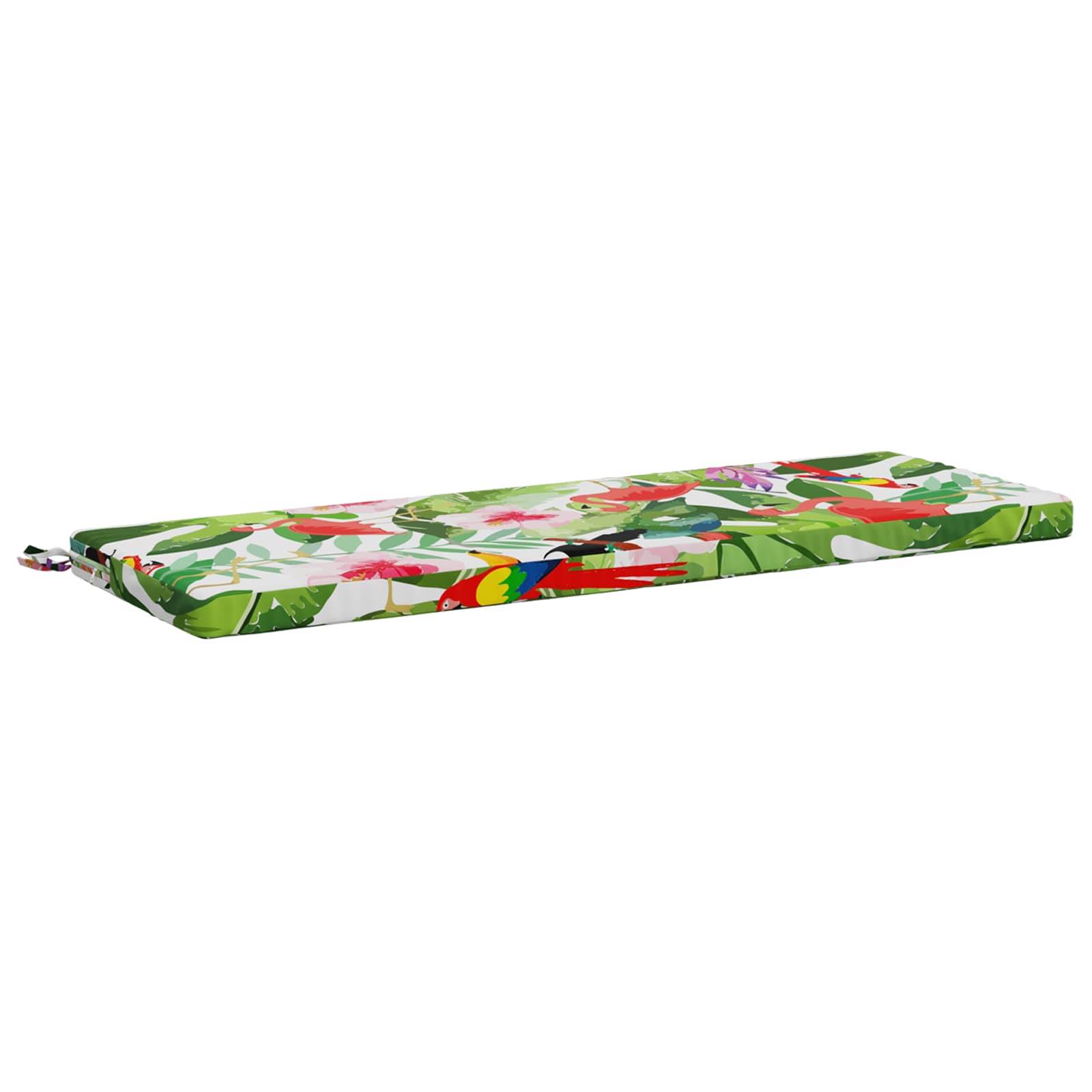 Rechteckiges Kissen oder Matratzenauflage mit Blumenmuster und mehrfarbigen Blüten auf weißem Hintergrund, perspektivisch dargestellt.