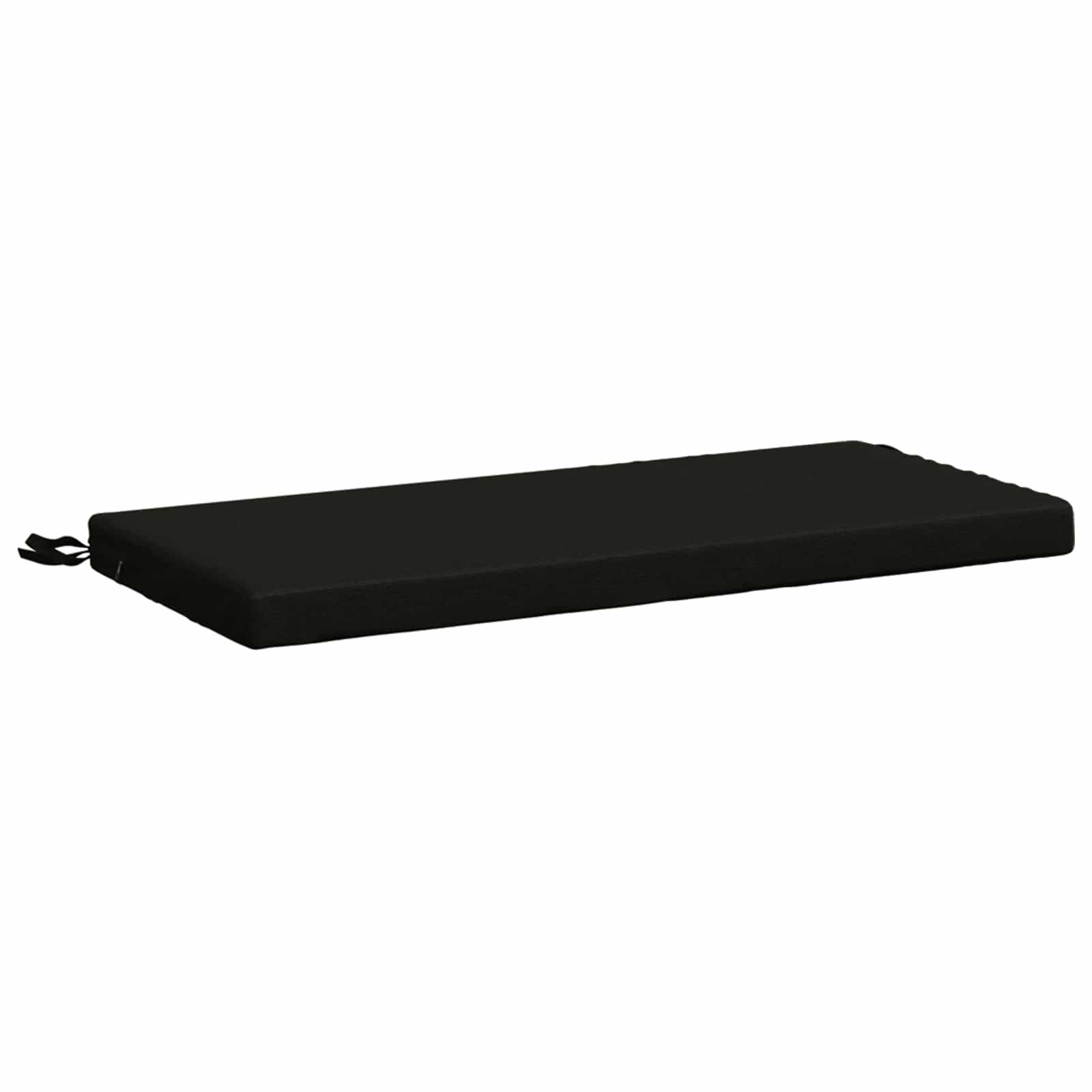 Schwarzes rechteckiges Kissen oder Matte mit einem kleinen Seitenriemen, auf einem einfachen weißen Hintergrund gezeigt.