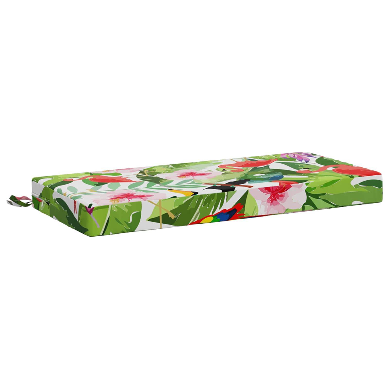 Flaches rechteckiges Kissen oder Sitzkissen mit Blumenmuster und Reißverschluss am Rand, perspektivisch auf weißem Hintergrund dargestellt.