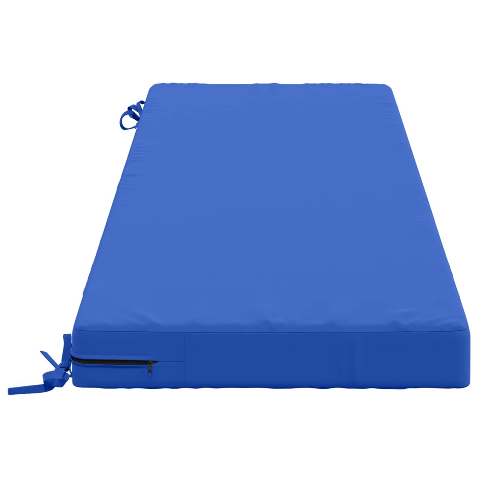 Blauepfältige Schaumstoff-Bodenmatte mit Reißverschlussbezug und Bindebändern, gezeigt auf weißem Hintergrund.