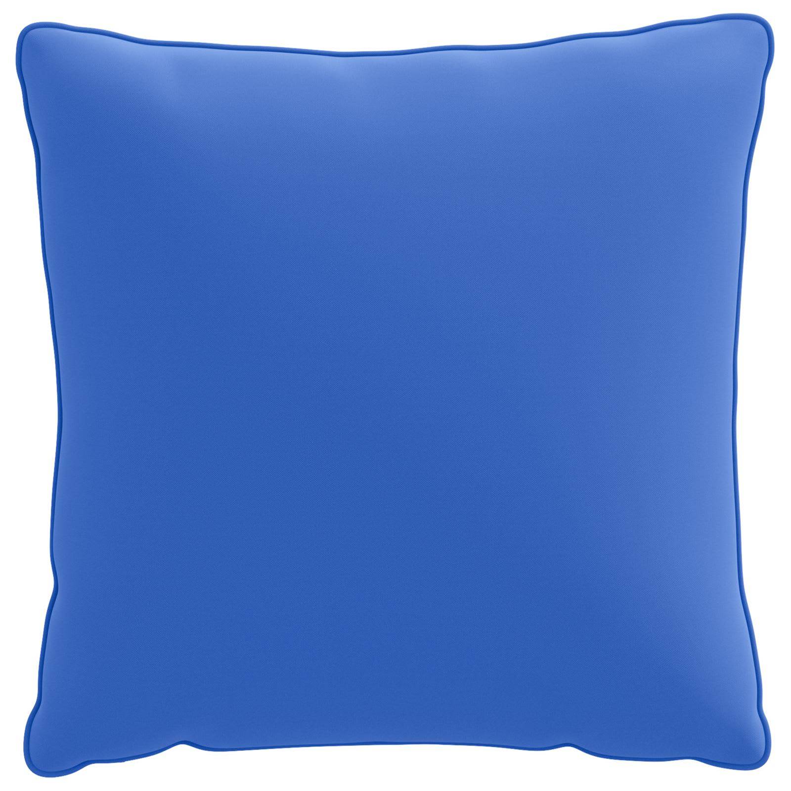 Blaues quadratisches Kissen mit abgerundeten Ecken auf weißem Hintergrund.