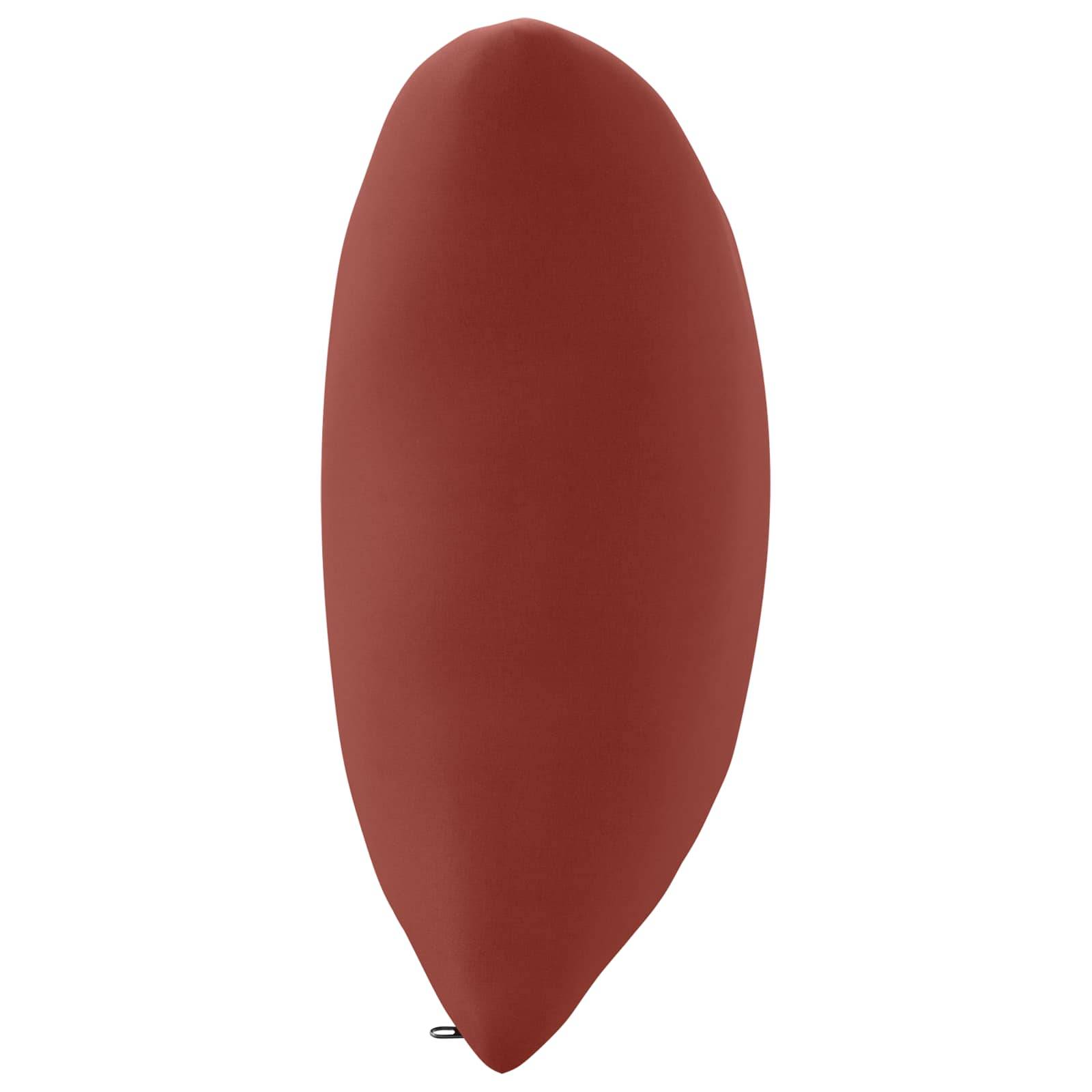 Roter länglicher Ballon oder tropfenförmiges Objekt auf weißem Hintergrund mit einer kleinen Schlaufe am unteren Ende.