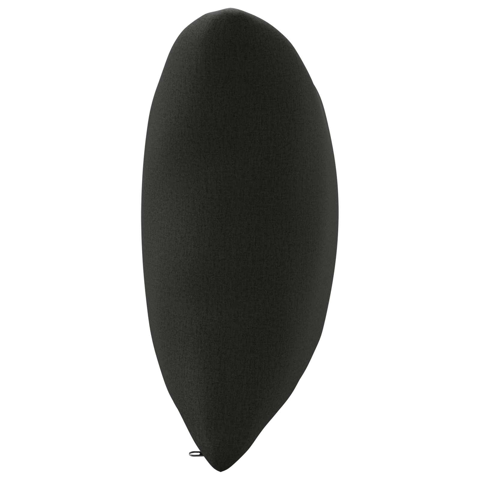 Schwarzes längliches ovales Kissen oder Bohnensack-Kissen auf weißem Hintergrund, mit einer kleinen Schlaufe am unteren Ende.