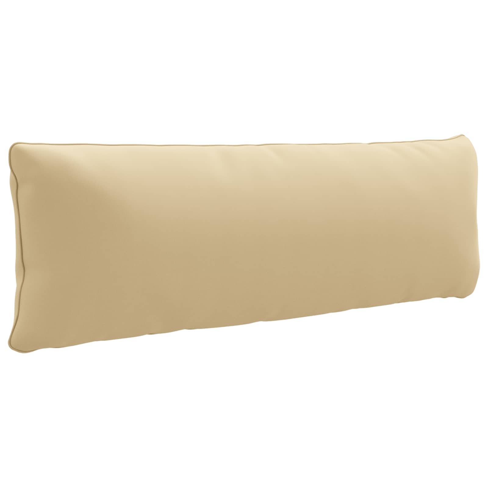 Beige rechteckiges Dekokissen mit abgerundeten Ecken auf weißem Hintergrund.