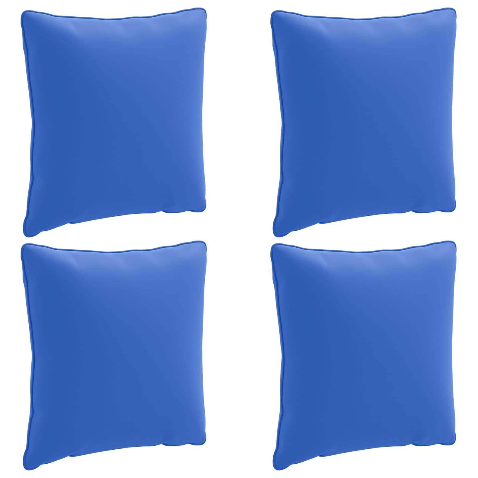 Vier blaue quadratische Kissen in einem 2x2-Gitter auf weißem Hintergrund angeordnet.