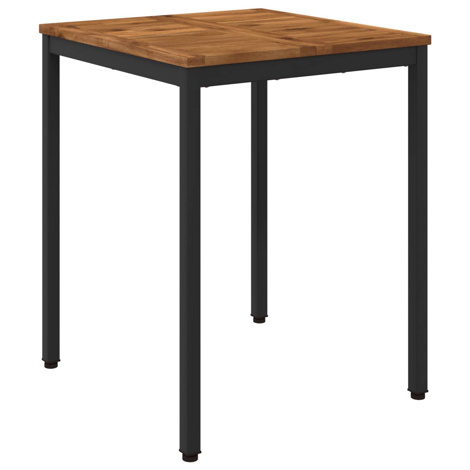 Kleiner quadratischer Tisch mit einer Holzplatte und schwarzen Metallbeinen, auf weißem Hintergrund dargestellt.