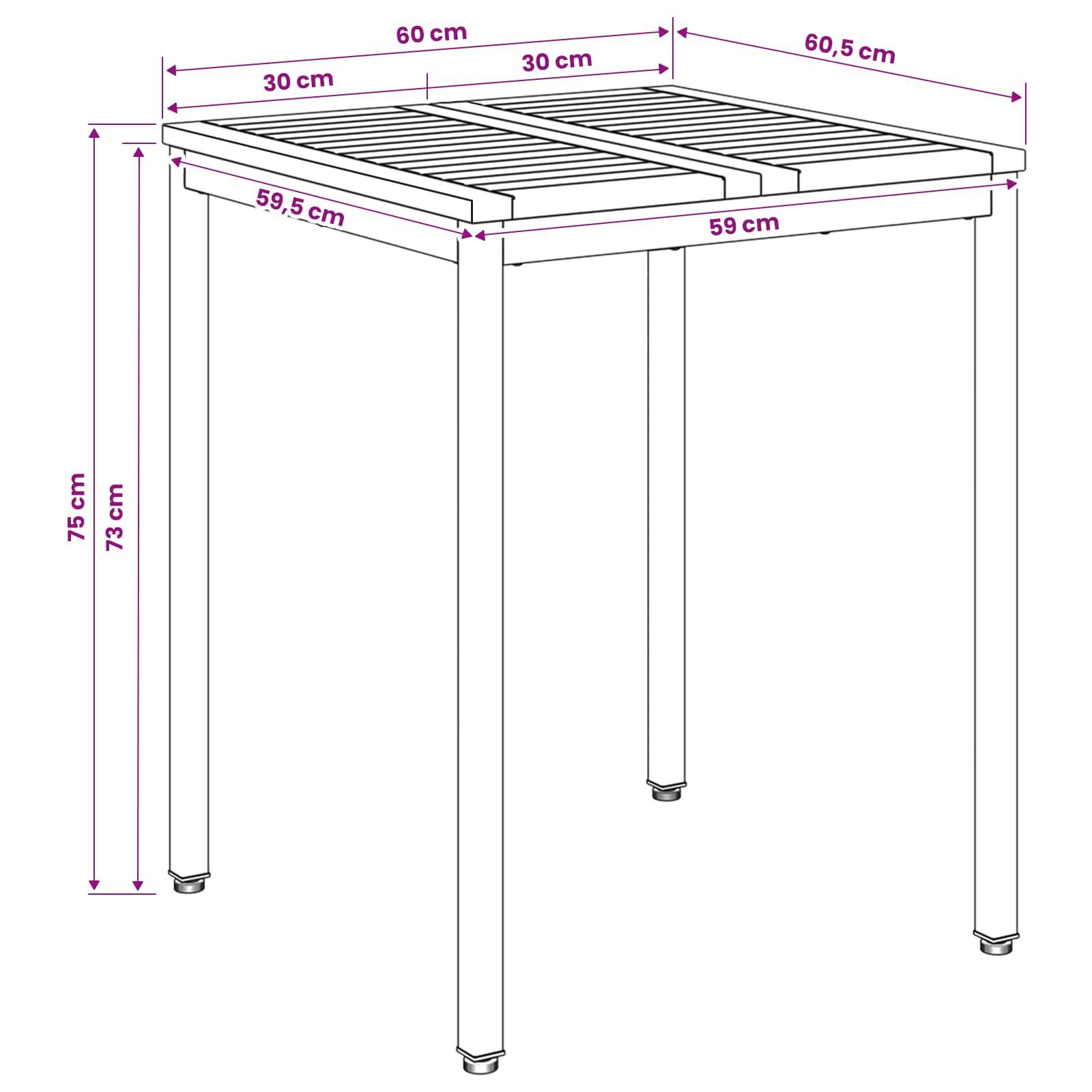 Maßstabgerechte Illustration eines rechteckigen Tisches mit vier Beinen, die Gesamtbreite 60 cm, Tiefe etwa 60,5 cm und Höhe 73–75 cm zeigend, mit Oberflächenabschnitten von je 30 cm gekennzeichnet.