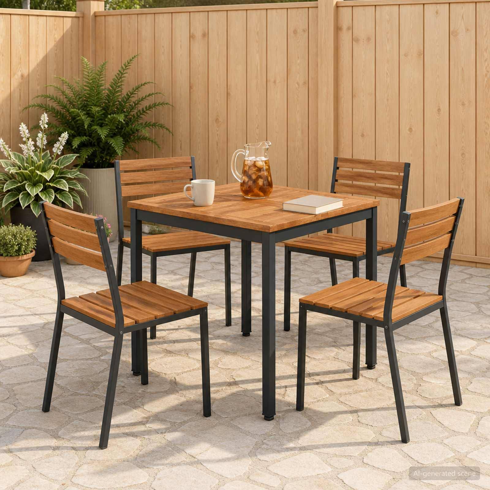 Esszimmergarnitur für die Terrasse im Freien mit quadratischem Tisch, vier Stühlen, Krug, Tasse und Buch auf einer Steinterrasse neben einem Holzzaun und Topfpflanzen.
