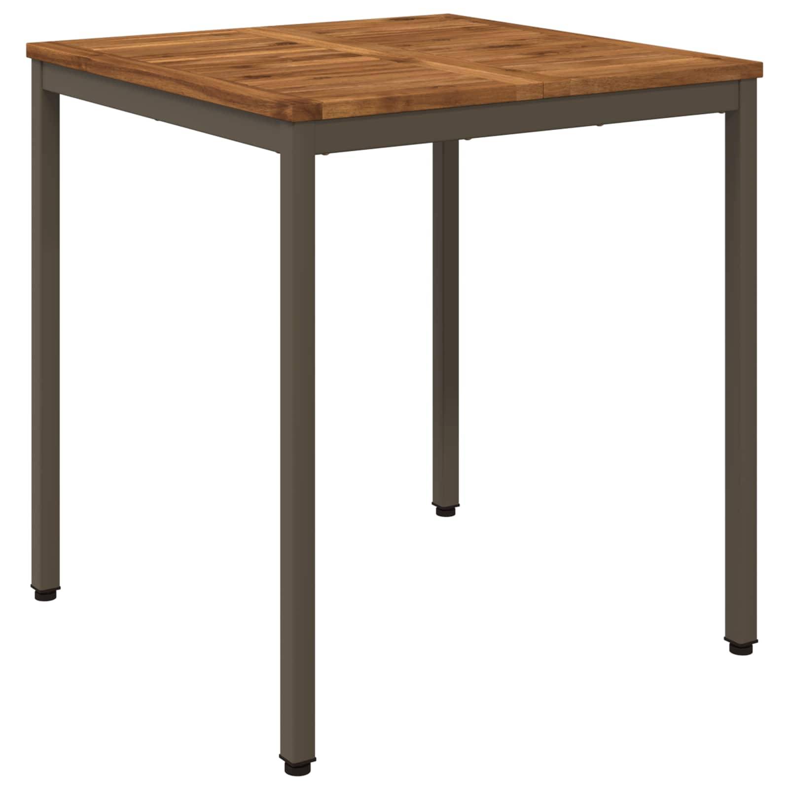 Kleiner quadratischer Tisch mit einer Holzplatte und dunklen Metallbeinen auf weißem Hintergrund.