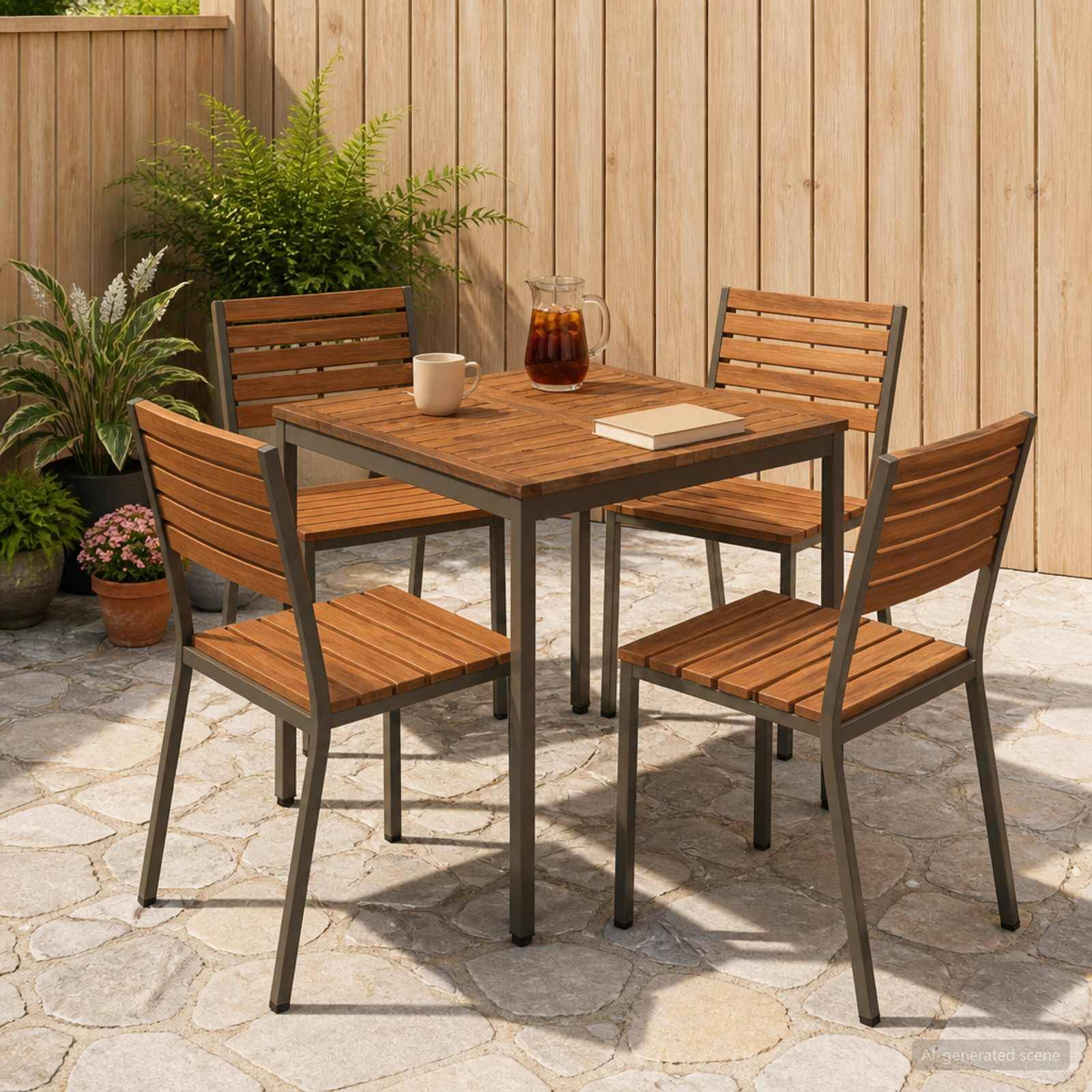 Essgarnitur für die Terrasse mit quadratischem Holztisch, vier passenden Stühlen, einer Tasse, einer Kanne und einem Buch auf einer Steinterrasse neben einem Holzzaun und Topfpflanzen.