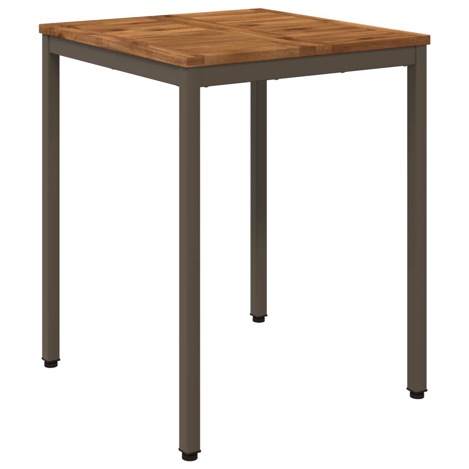 Quadratischer Tisch mit Holzplatte und vier dunklen Metallbeinen, dargestellt auf einem einfachen weißen Hintergrund.