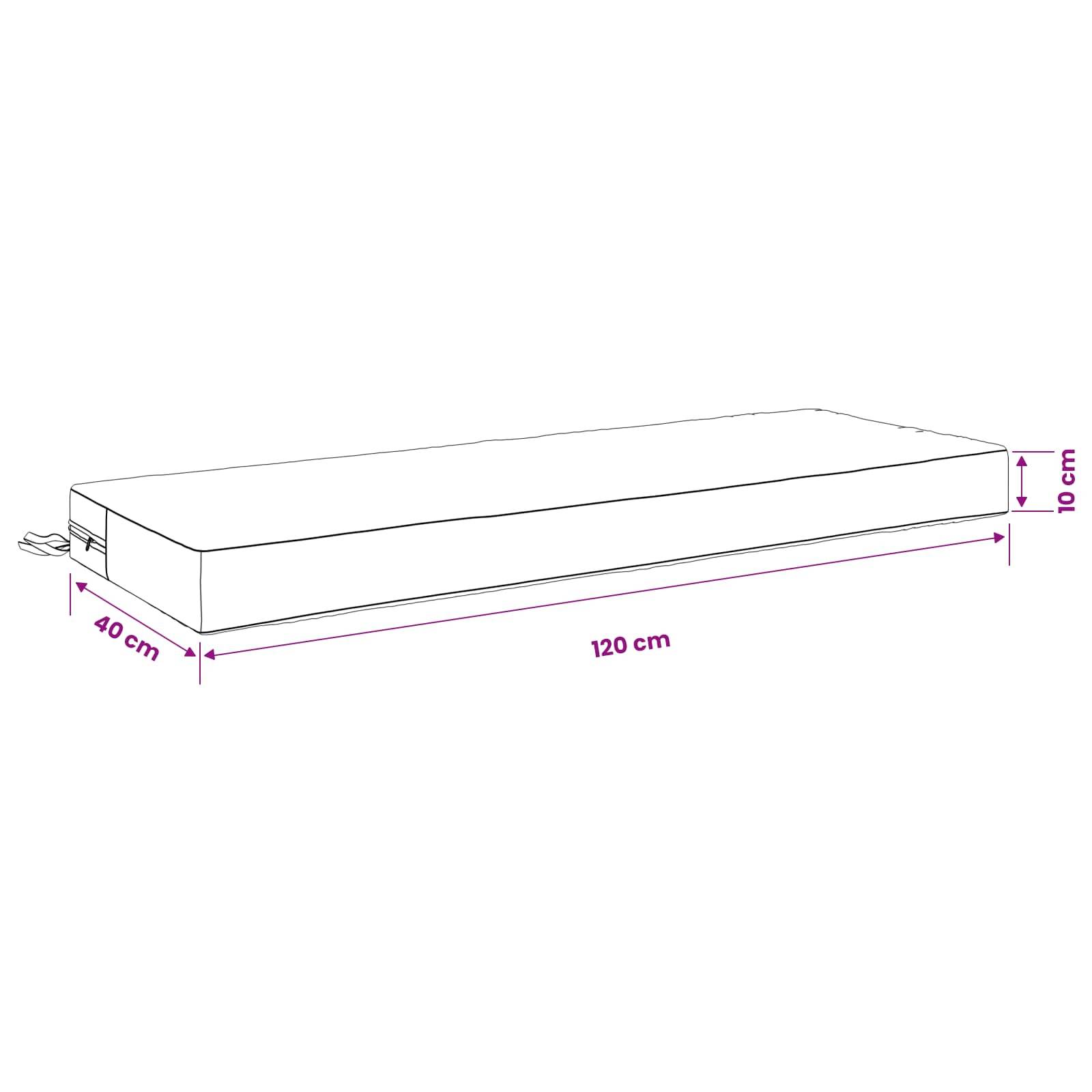 Diagramm eines rechteckigen Geräts oder Kissens mit Abmessungen: 120 cm Länge, 40 cm Breite und 10 cm Höhe, mit einem Kabel an einem Ende.