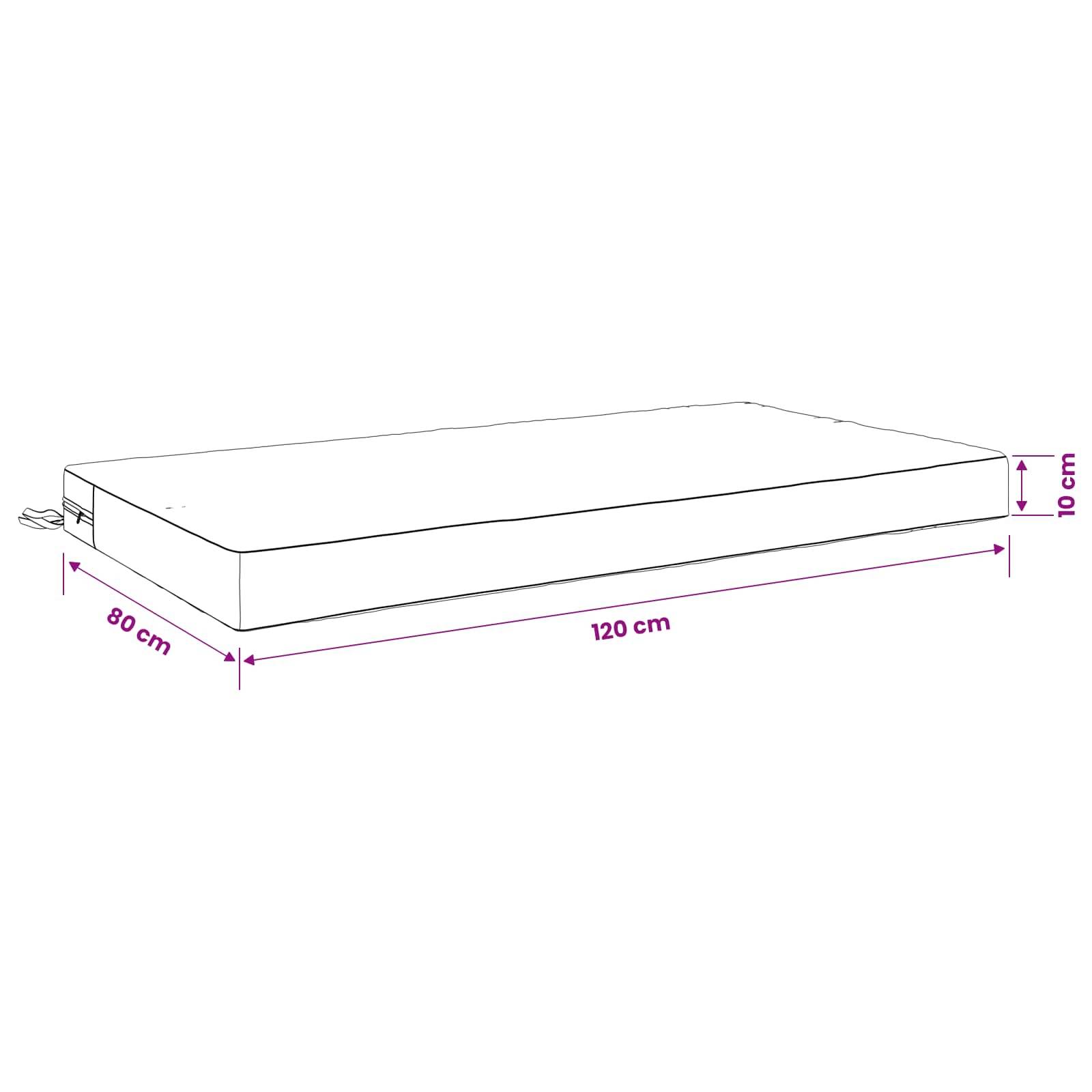 Diagramm einer rechteckigen Matratze mit den Abmessungen: 120 cm lang, 80 cm breit und 10 cm dick.
