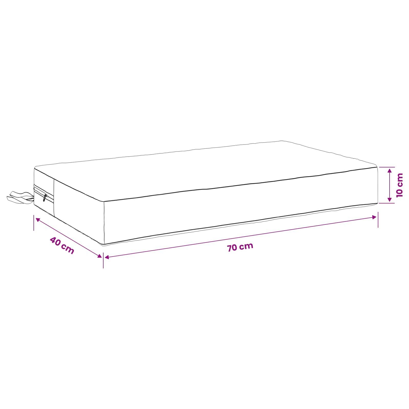 Diagramm einer rechteckigen Matratze oder eines Kastens mit den Maßen 70 cm Länge, 40 cm Breite und 10 cm Höhe.