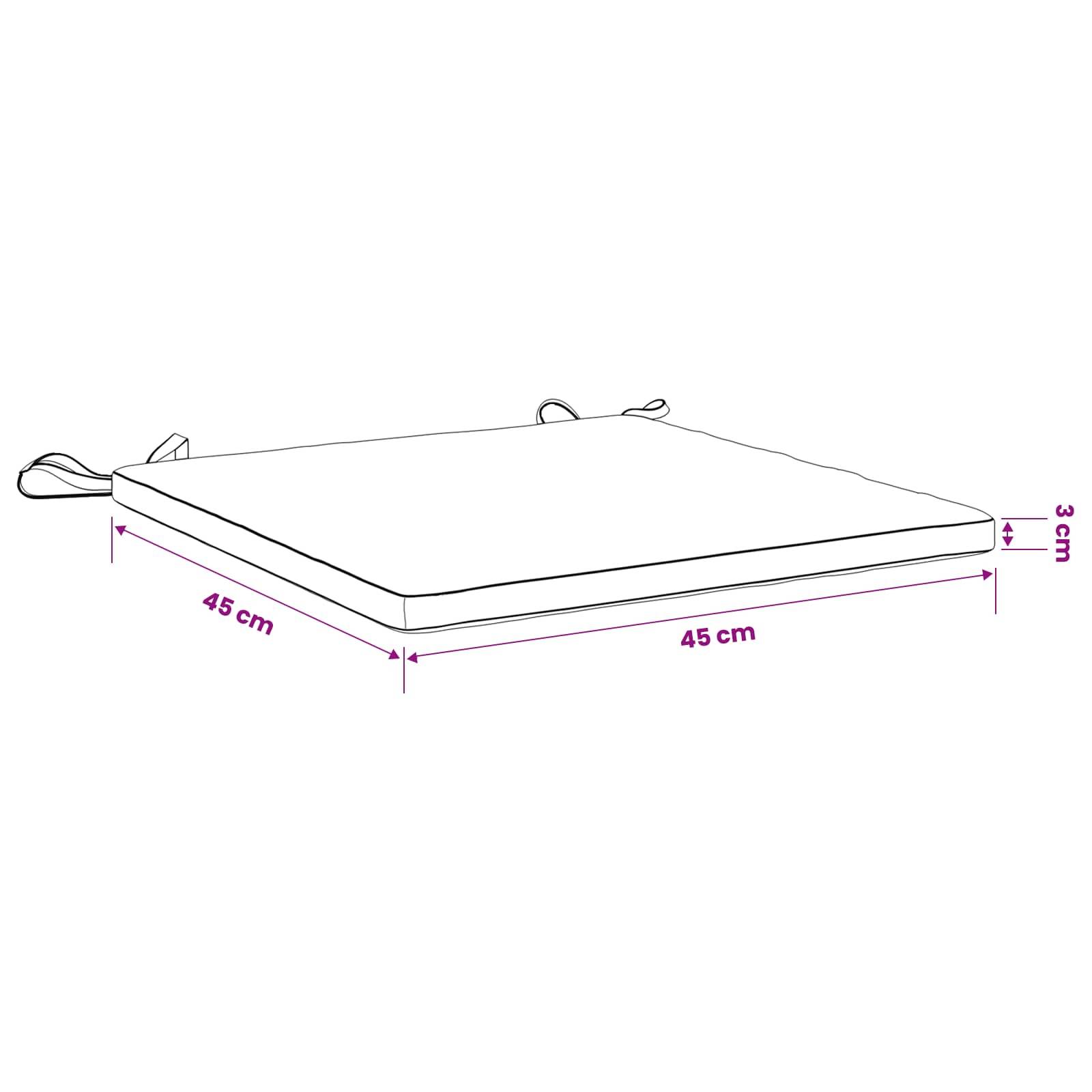 Illustration eines quadratischen Sitzkissens mit Bändern, das 45 cm mal 45 cm misst und 3 cm dick ist.