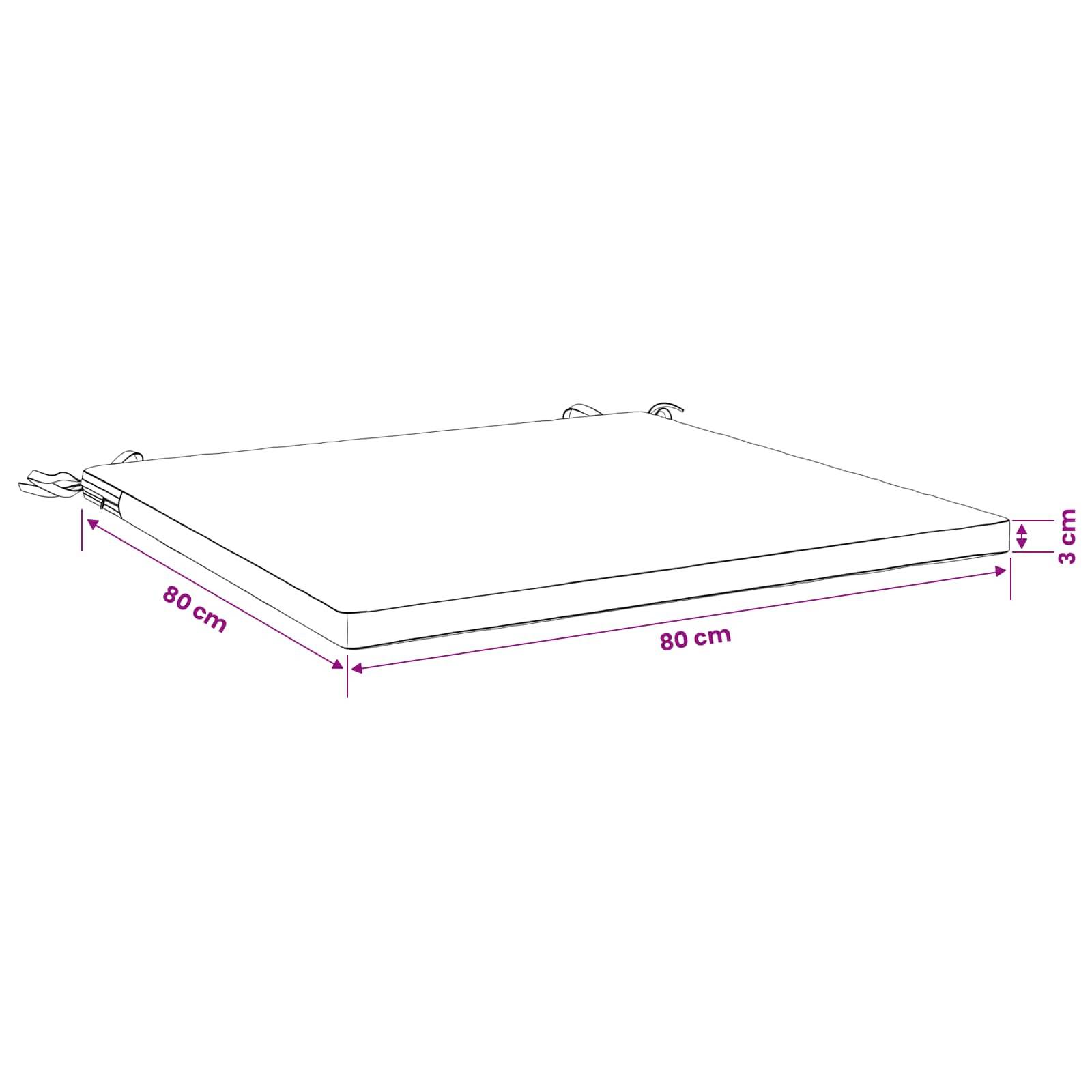 Diagramm eines quadratischen Kissens oder Polsters mit den Abmessungen 80 cm × 80 cm und einer Dicke von 3 cm, mit seitlichen Riemen oder Schleifen, die sichtbar sind.