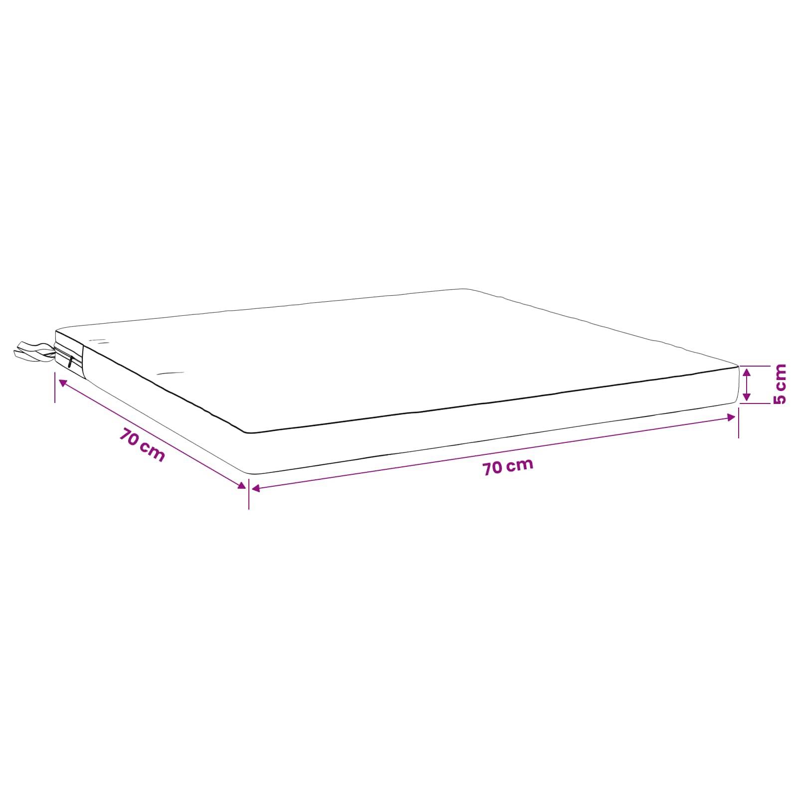 Diagramm eines quadratischen Kissens oder einer Matratze mit den Abmessungen: 70 cm x 70 cm, 5 cm dick.