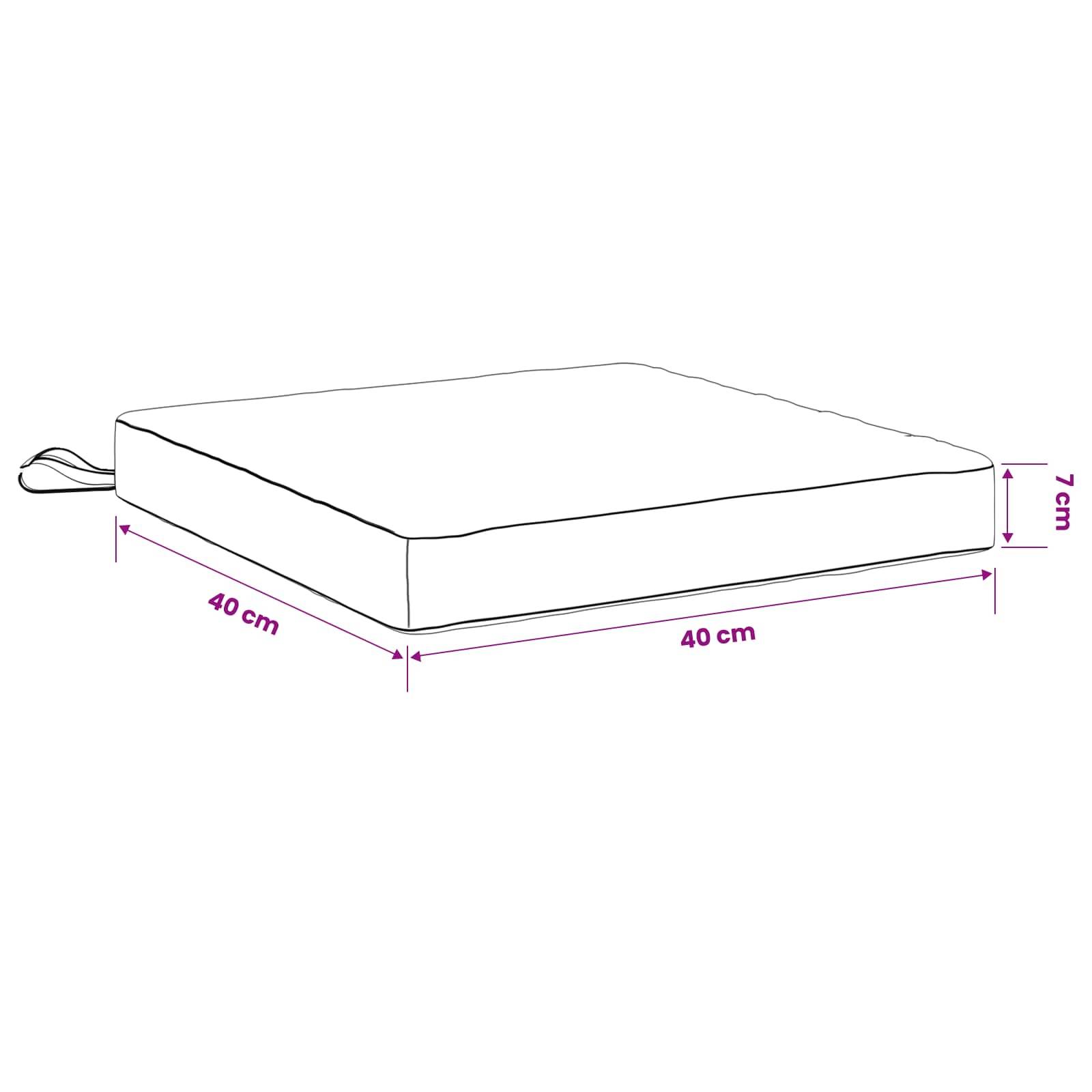 Diagramm eines quadratischen Kissens/Matratzenauflage mit Maßen: 40 cm x 40 cm und 7 cm Dicke, mit einem kleinen Seitengriff.