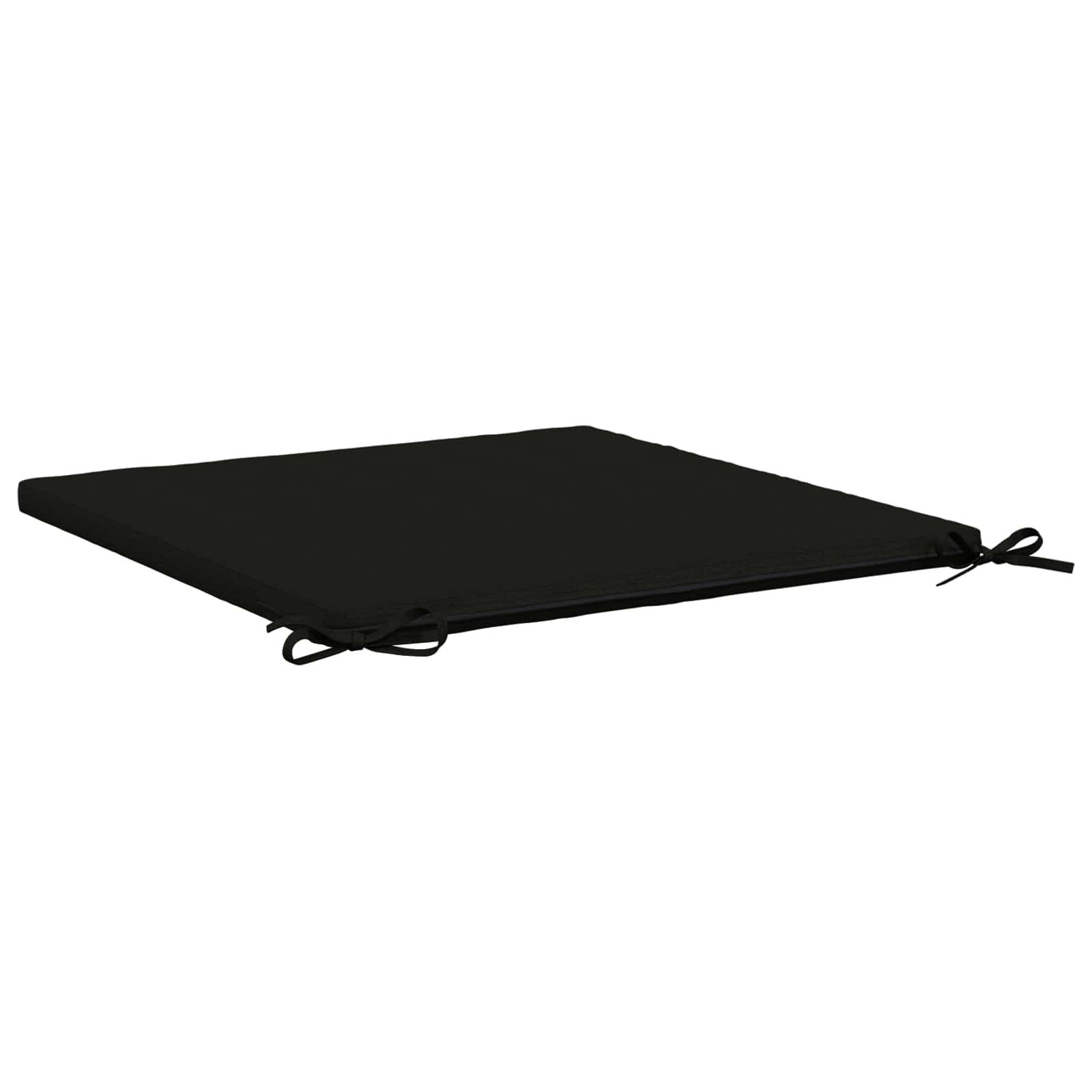 Schwarzes quadratisches Sitzkissen mit Bindeschnüren an zwei Ecken, dargestellt auf weißem Hintergrund.