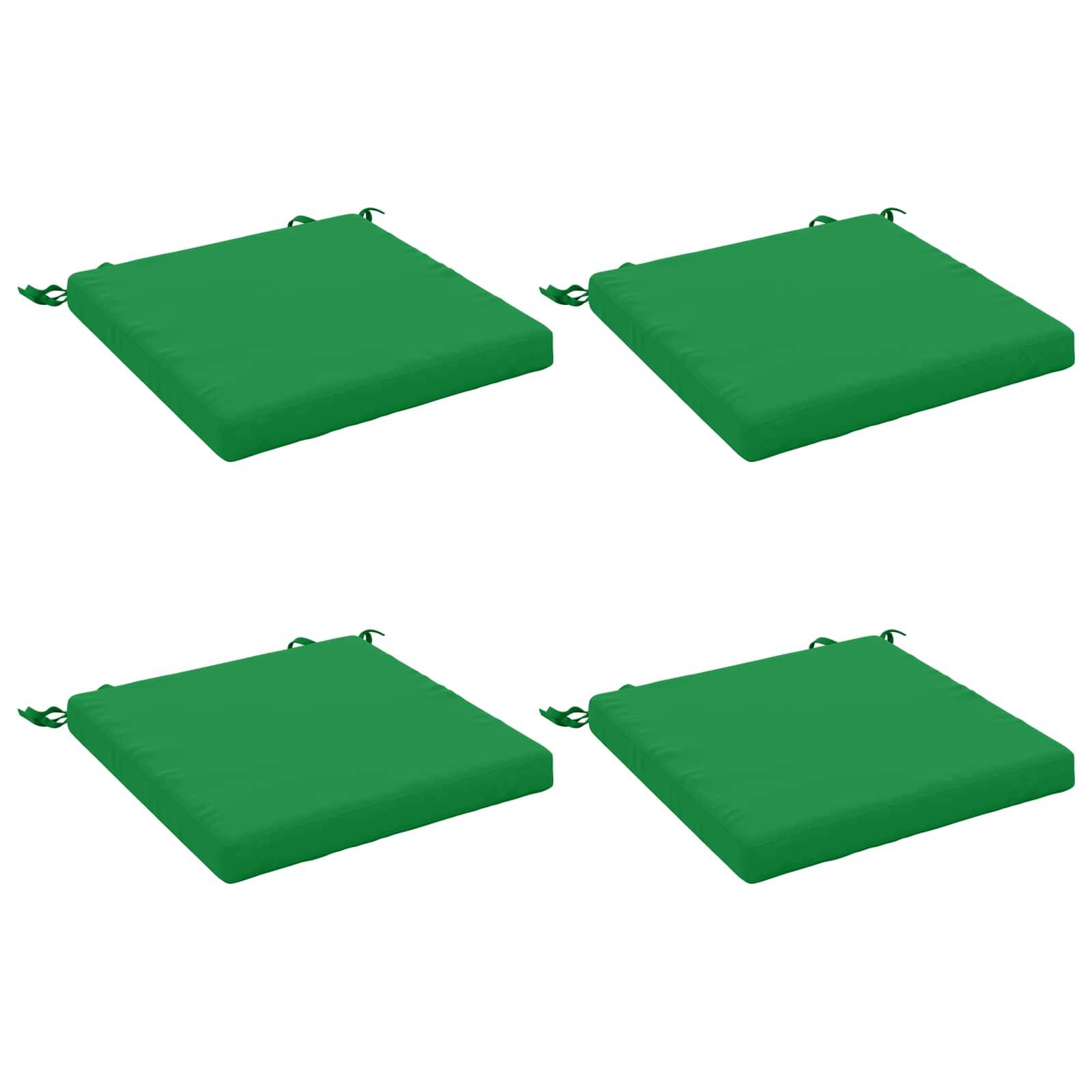 Vier grüne quadratische Sitzkissen mit Bändern, angeordnet in einem 2x2-Gitter auf weißem Hintergrund.