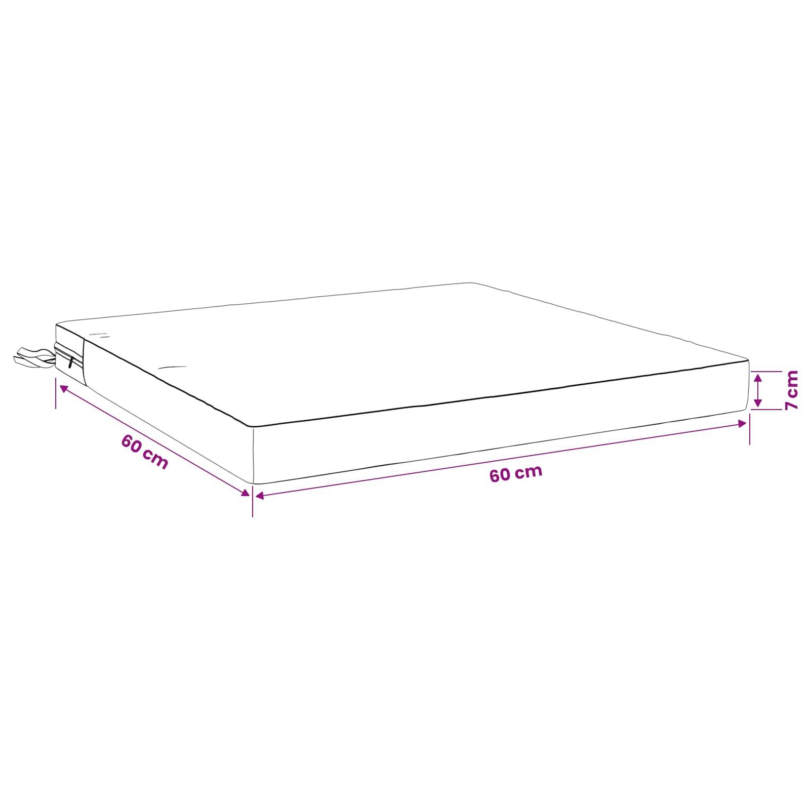 Diagramm eines quadratischen Kissens oder einer Matratze mit einer Beschriftung von 60 cm × 60 cm und 7 cm Höhe.
