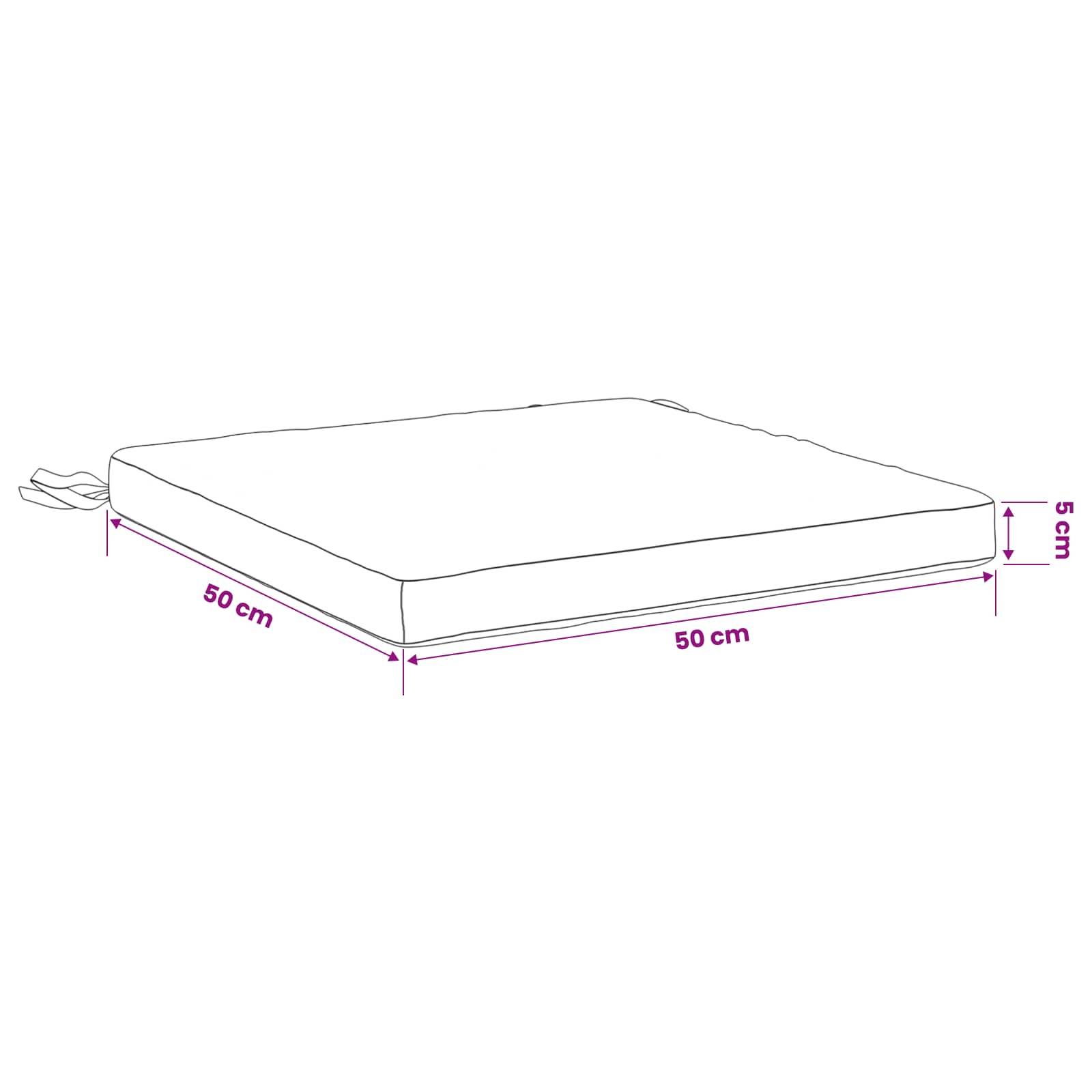 Diagramm eines quadratischen Kissens oder Matratzenbezugs mit Abmessungen: 50 cm x 50 cm, 5 cm dick.