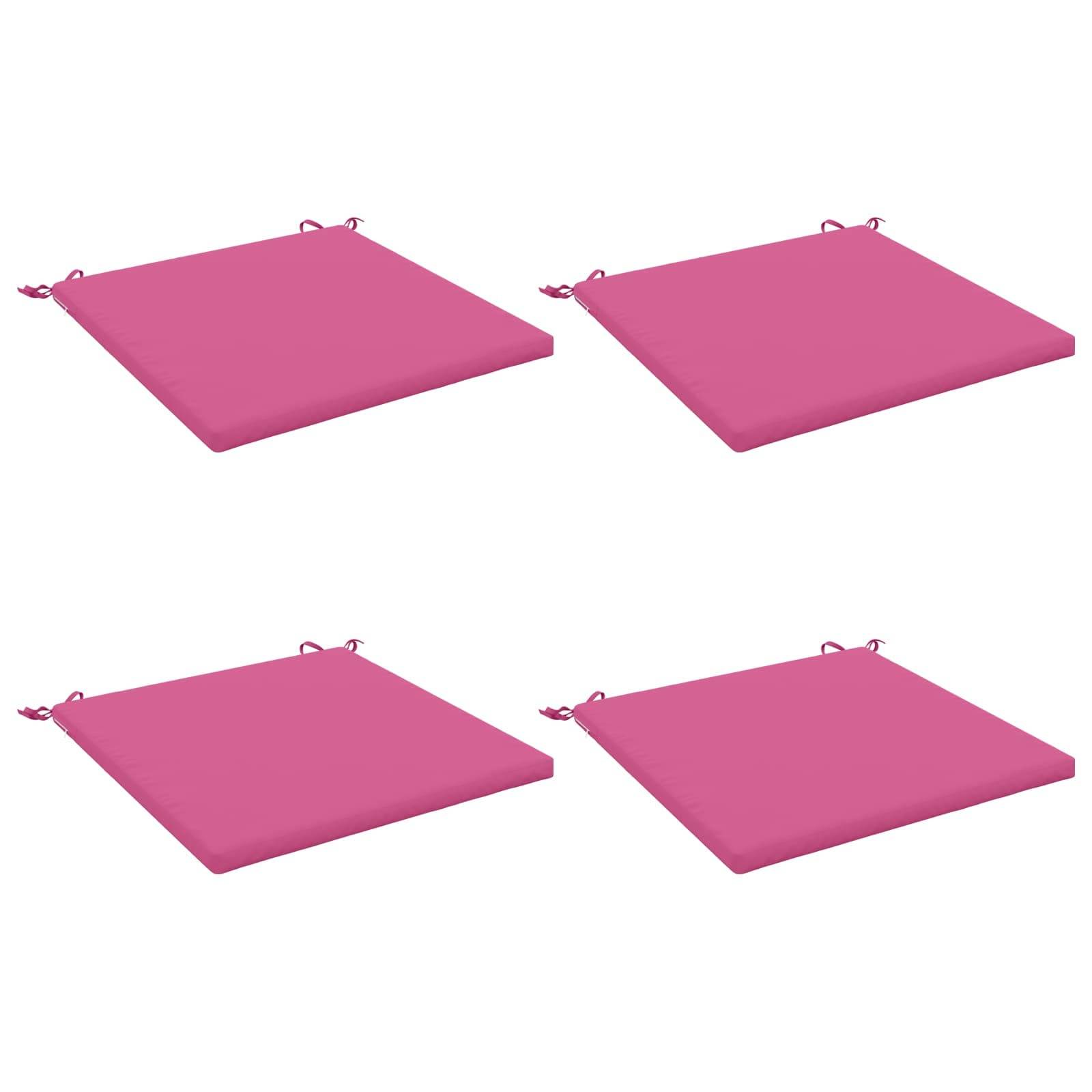 Vier rosa quadratische Bodenkissen mit Bindeschnüren, dargestellt in einem zwei-mal-zwei Layout auf weißem Hintergrund.