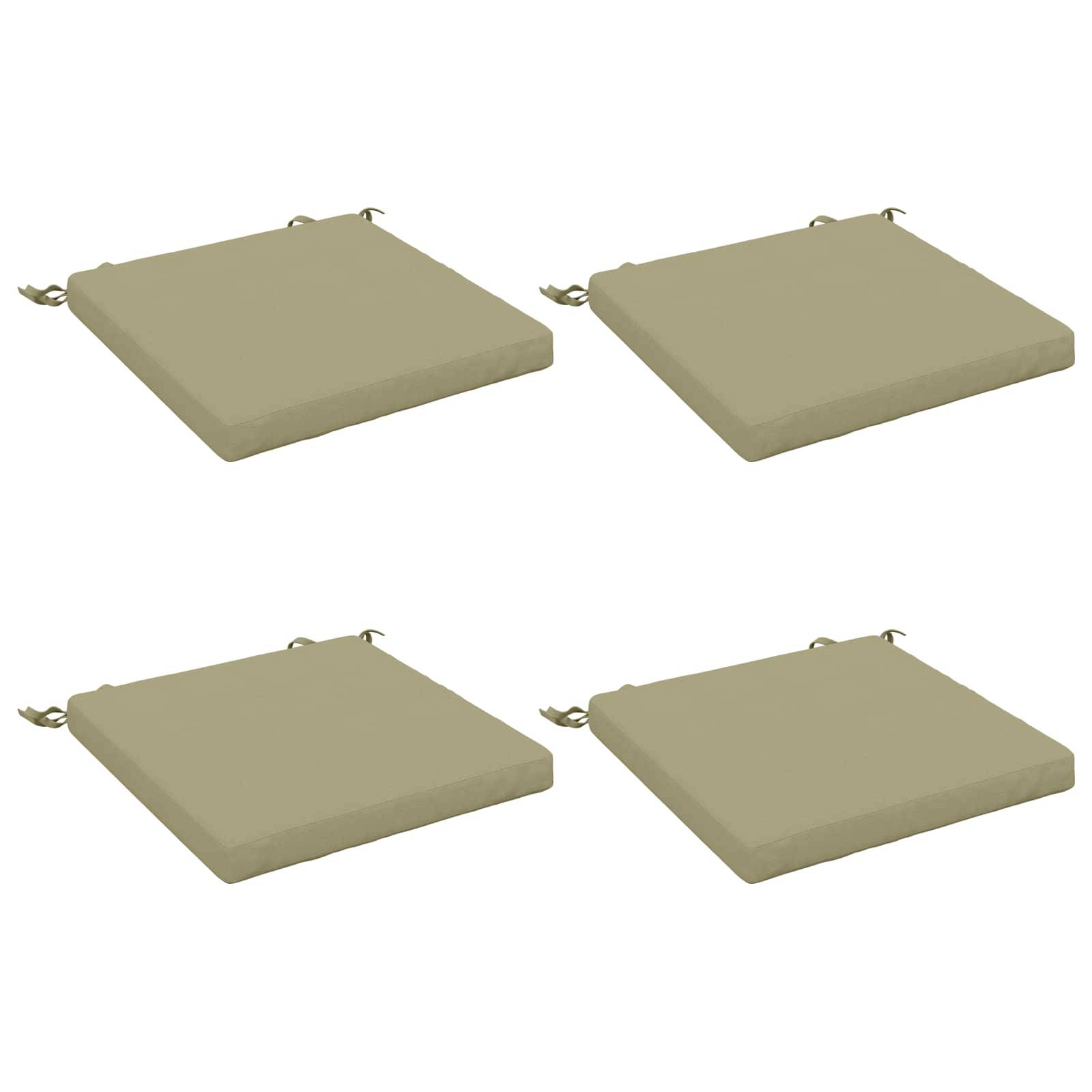 Vier beige quadratische Sitzkissen mit Bändern, dargestellt in einem 2x2-Layout auf weißem Hintergrund.