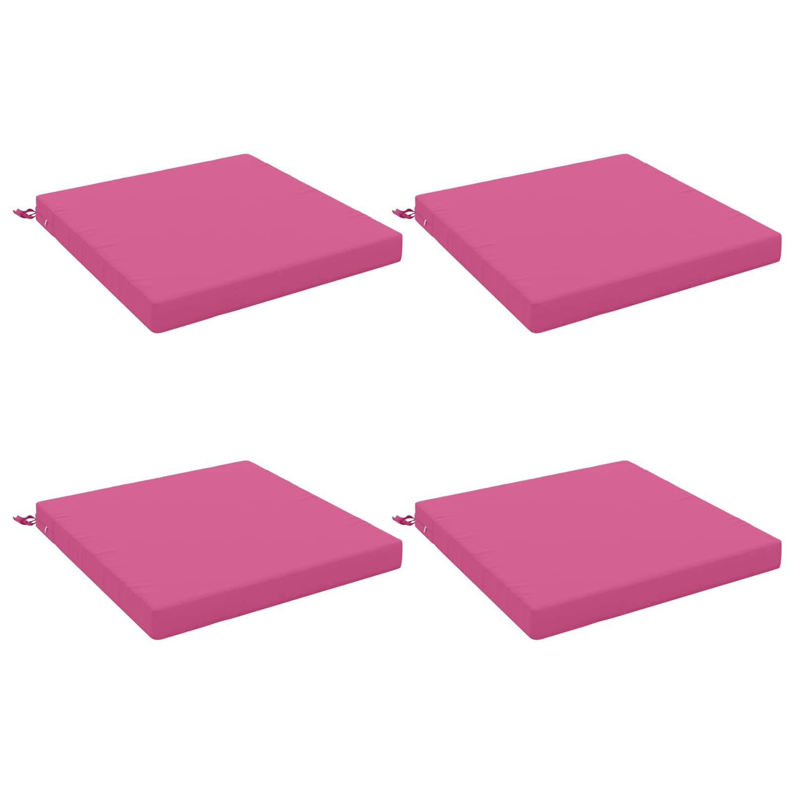 Vier rosa quadratische Sitzkissen in einem 2x2-Raster auf weißem Hintergrund angeordnet.