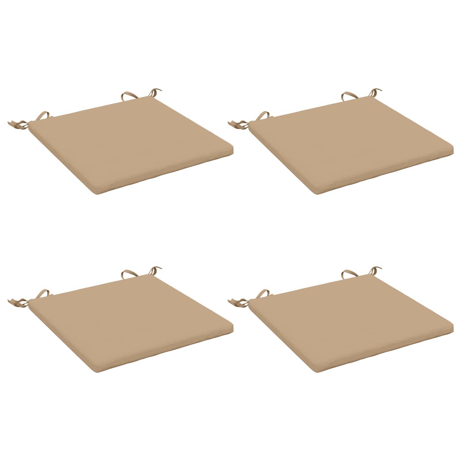 Vier beige quadratische Sitzkissen mit Bindebändern, dargestellt in einem 2x2-Layout auf weißem Hintergrund.