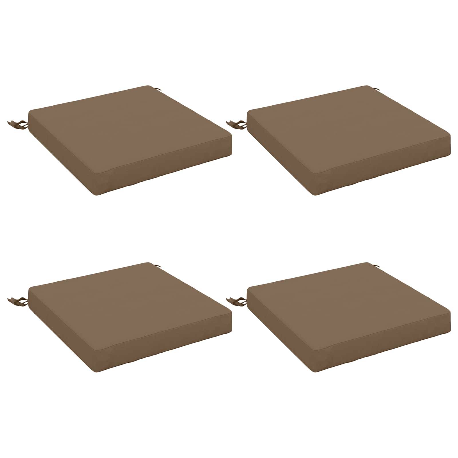 Vier braune quadratische Sitzkissen mit Bändern, angezeigt in einem einfachen produktorientierten Layout auf weißem Hintergrund.