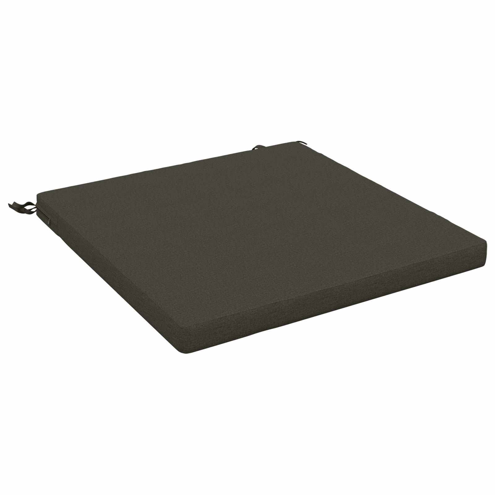 Schwarzes quadratisches Sitzkissen mit kleinem Seitengriff auf einfachem weißem Hintergrund.