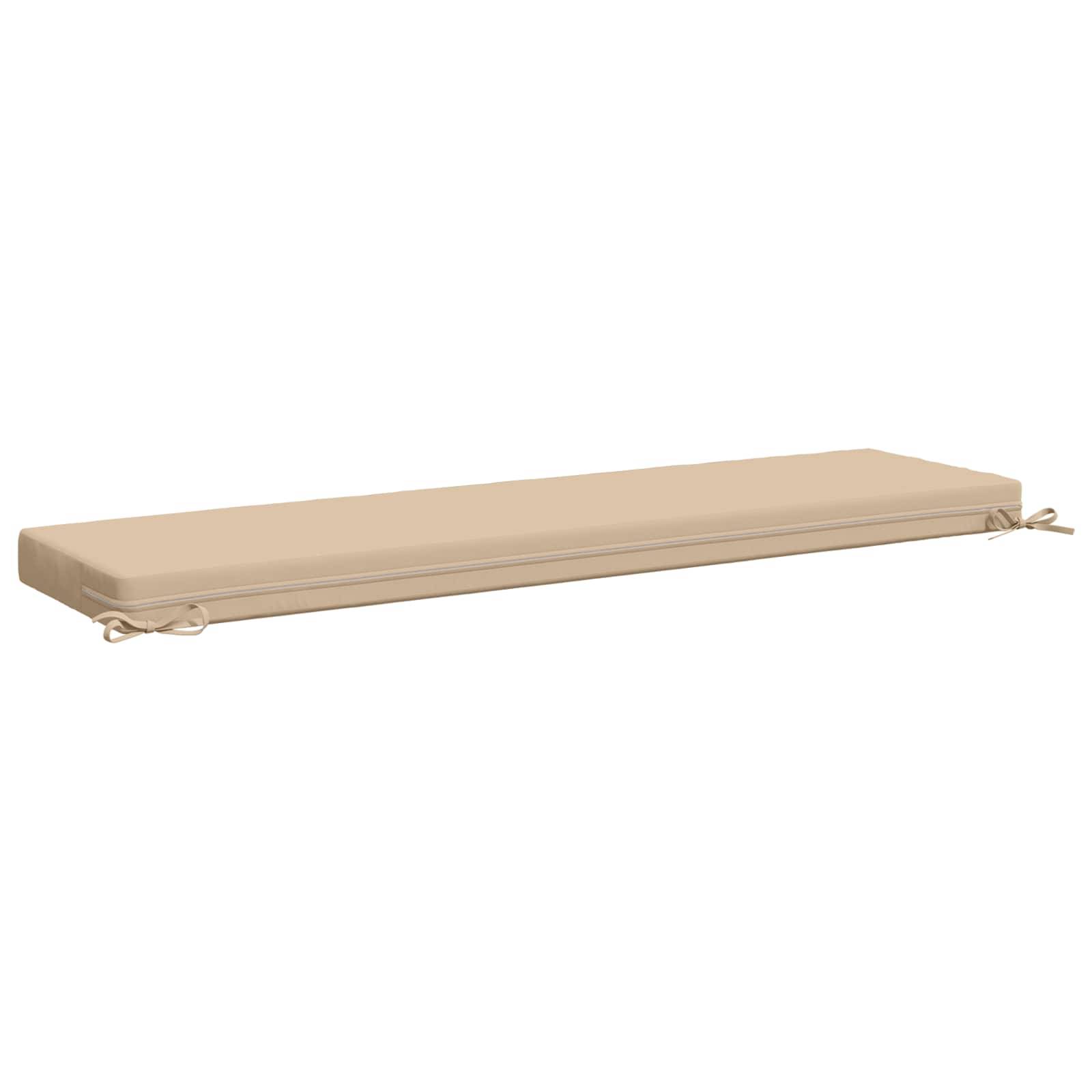 Beige rechteckiges Outdoor-Bankkissen mit Bindebändern an beiden Enden, shown on a white background.
