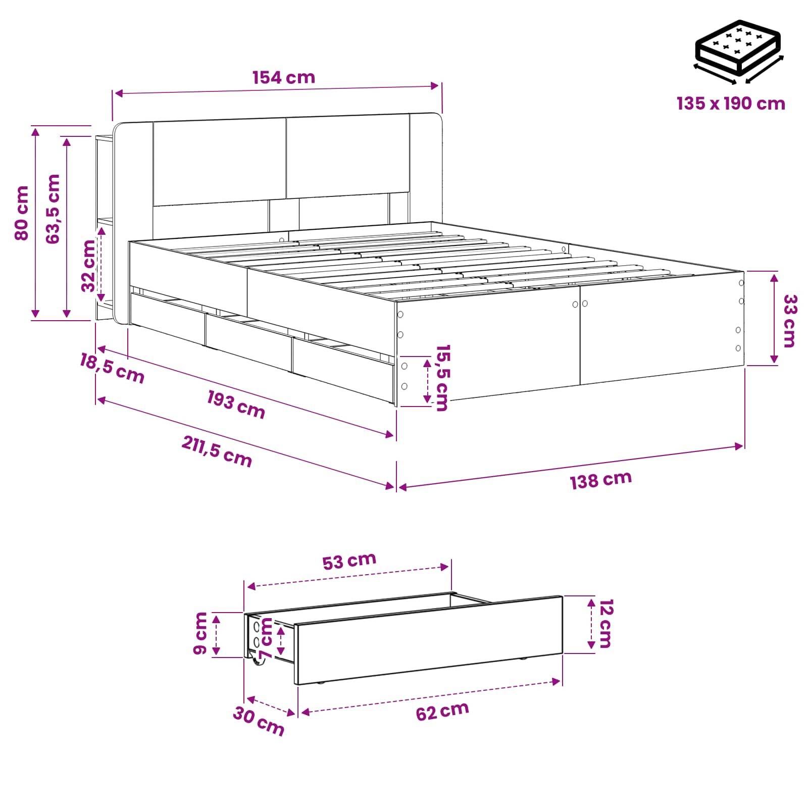 Bemaßte Zeichnung eines Bettgestells mit Schublade, die Gesamtgröße 211,5 x 138 x 80 cm und Matratzenabmessungen 135 x 190 cm zeigt.