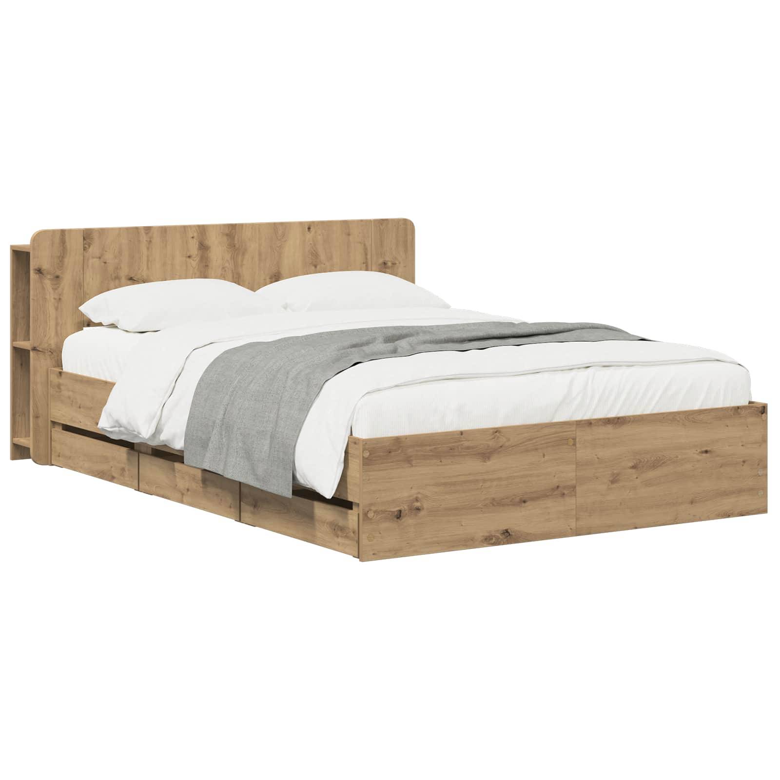 Holzbett mit Plattform und Kopfteil, weiße Bettwäsche und eine graue Wurfdecke auf weißem Hintergrund.