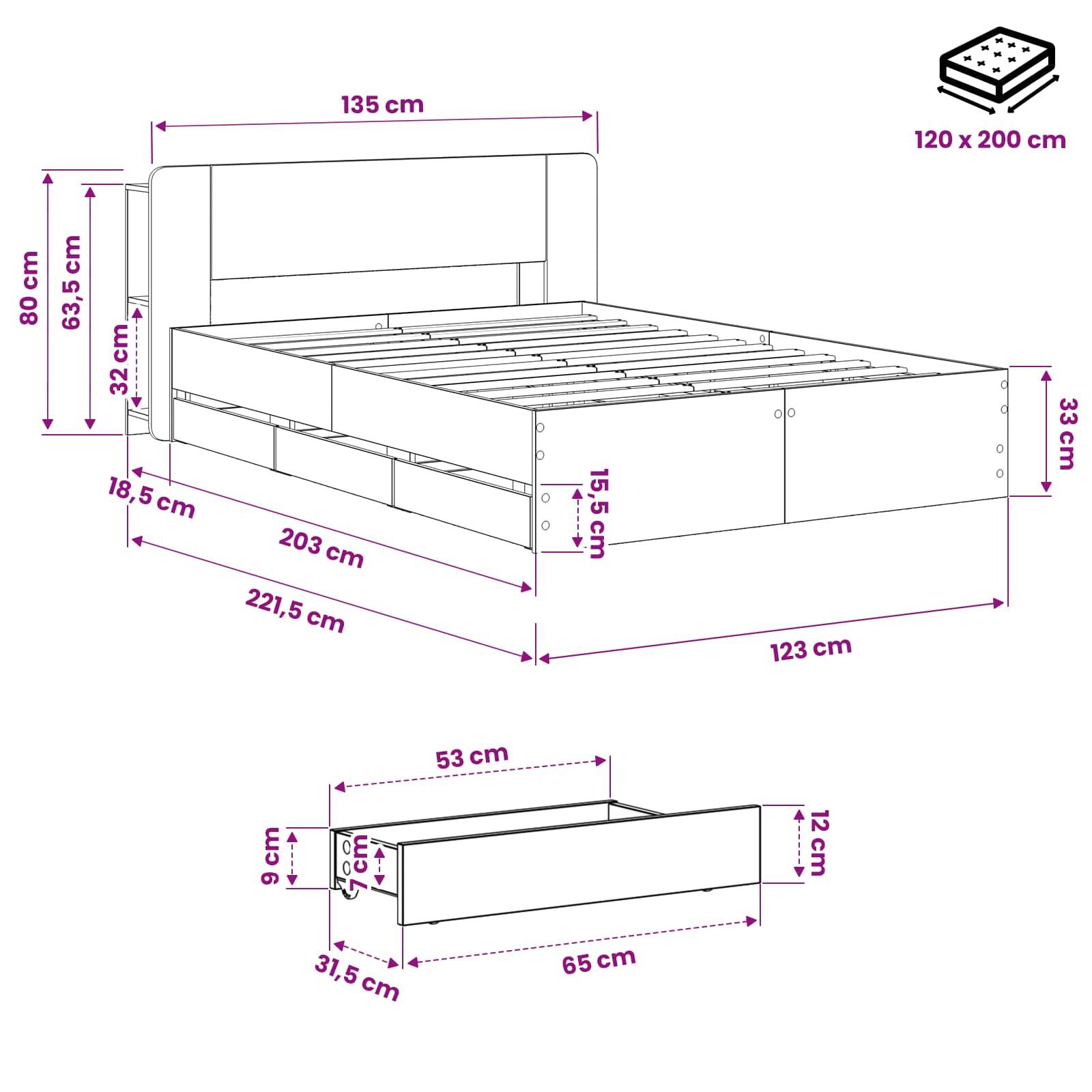 Dimensioniertes Bettdiagramm, das einen Bettrahmens für eine 120 x 200 cm Matratze zeigt, mit Kopfteil, Latten und Unterbett-Stauraum; enthält Maße in cm.