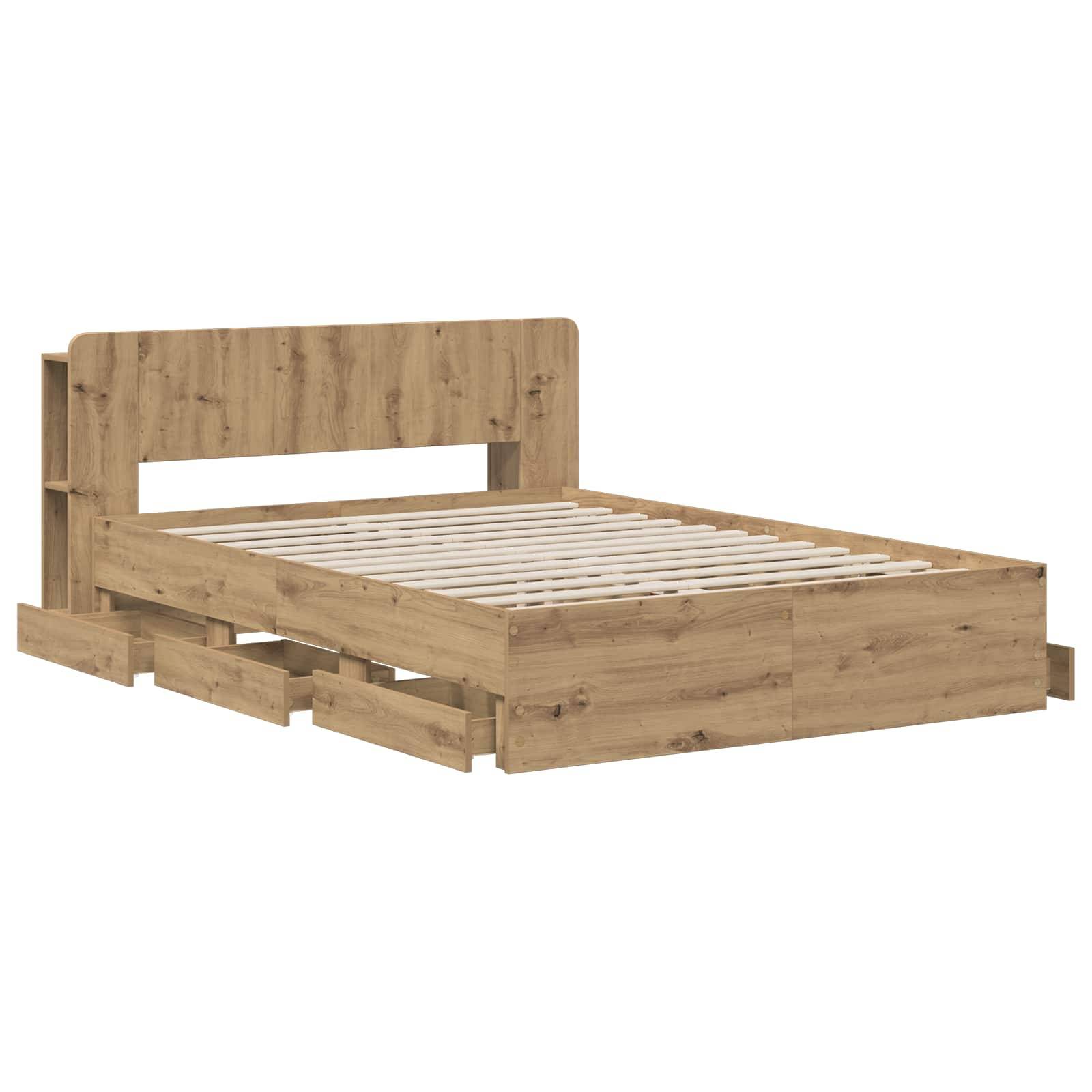 Holzplattformbettrahmen mit Kopfteil und Lamellenbasis, dargestellt ohne Matratze auf weißem Hintergrund.