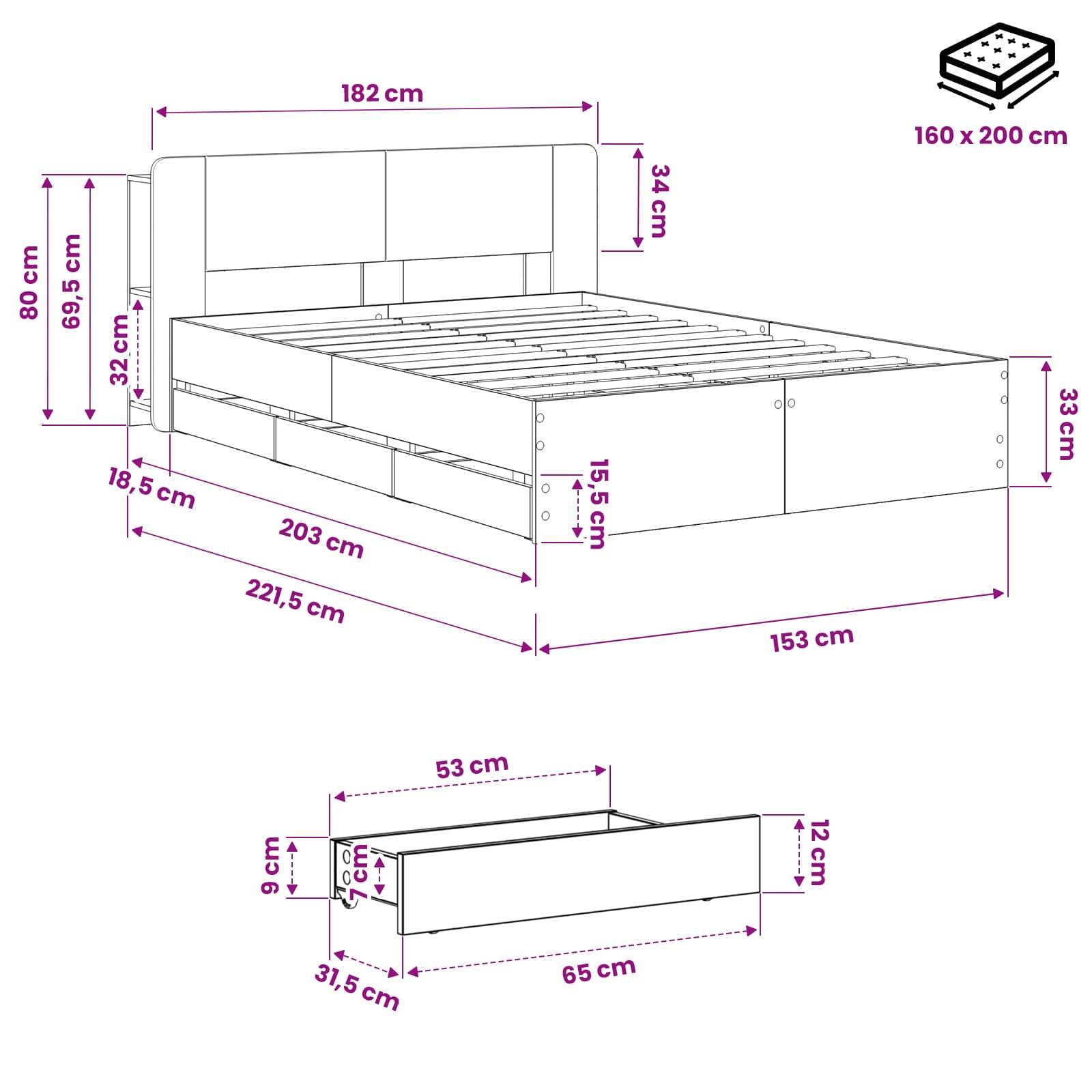 Maßstabgerechte Zeichnung eines Bettgestells für eine 160 x 200 cm Matratze mit Kopfteil, Gesamtgrößenbezeichnungen und einer passenden 65 x 31,5 x 12 cm Schubladeneinheit.