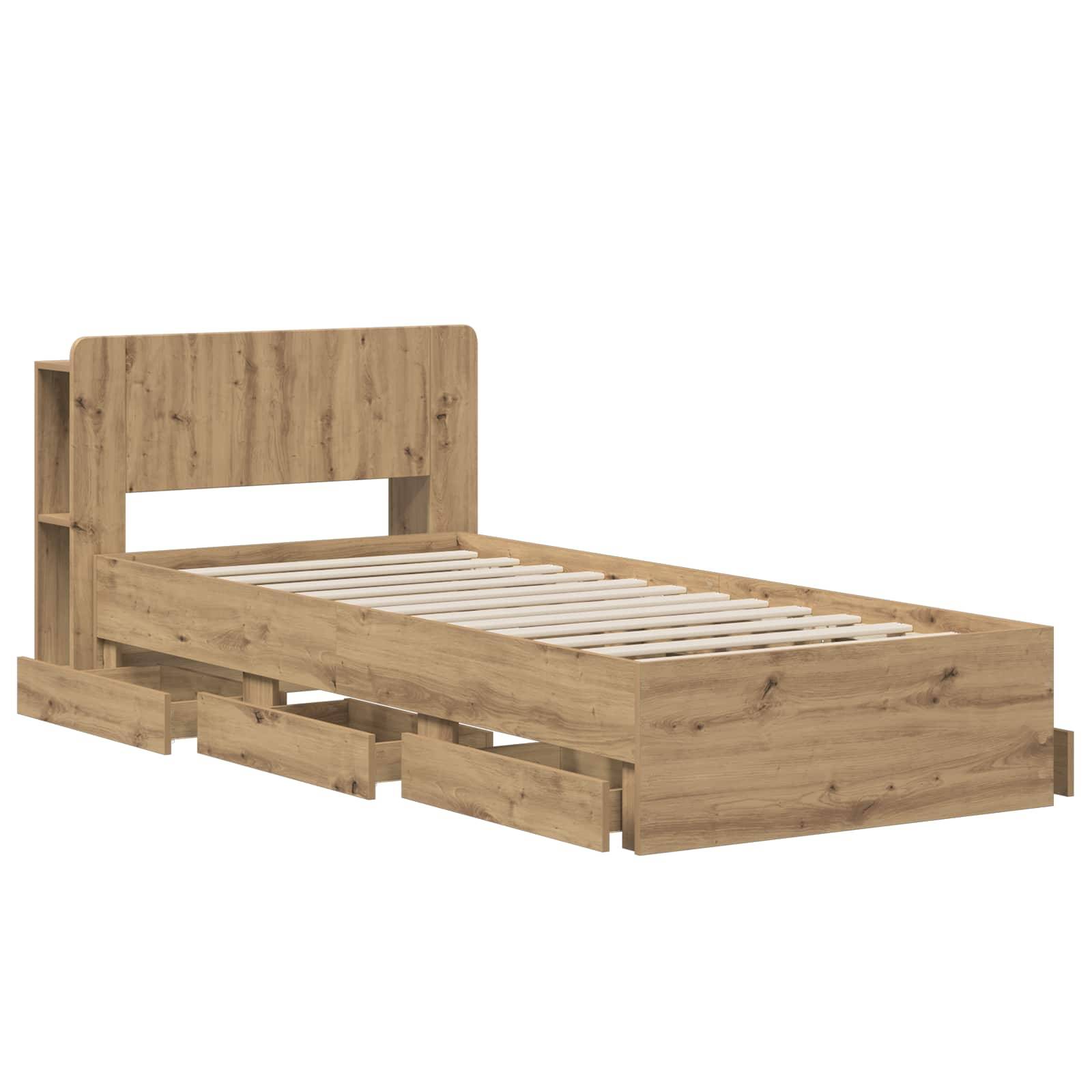 Holzbett mit Lattenrost und drei ausziehbaren Schubladen zum Verstauen, auf weißem Hintergrund dargestellt.