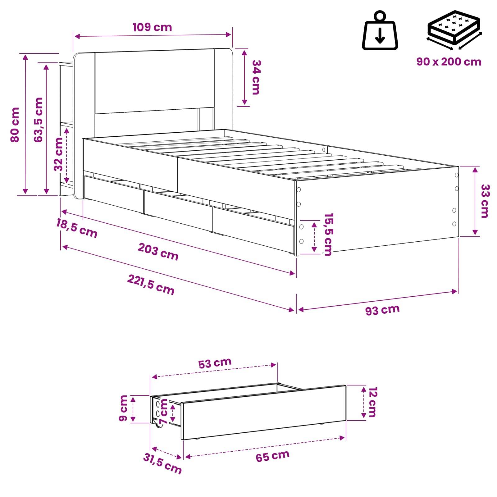 Maßstabgerechte Zeichnung eines Bettgestells und einer passenden Schublade: Bett misst insgesamt 221,5 x 93 cm, Kopfteil 80 cm hoch, Schublade 65 x 31,5 x 12 cm; passt zu einer 90 x 200 cm Matratze.