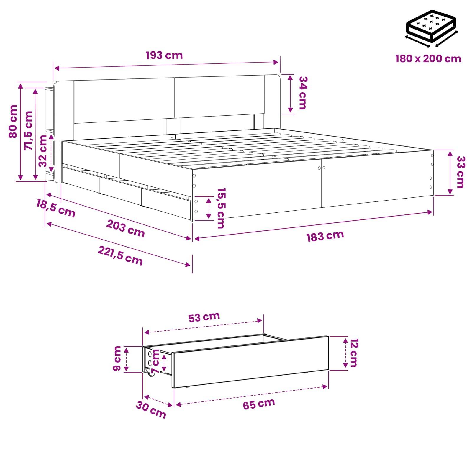 Diagramm eines Bettgestells mit Abmessungen in cm, einschließlich einer Matratze von 180 x 200 cm und einer passenden Schublade/Lagereinheit darunter.