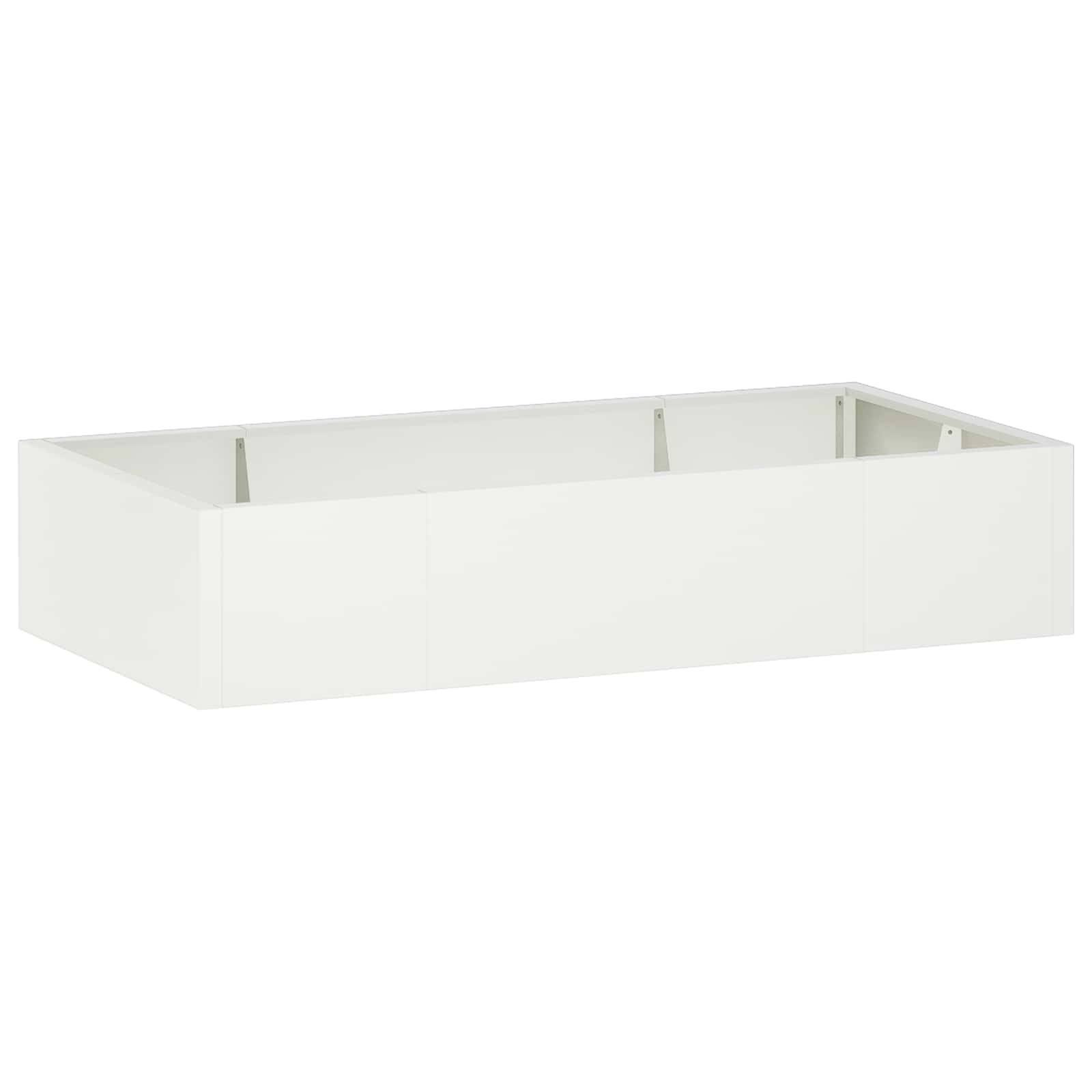 Weiße rechteckige offene Aufbewahrungsbox oder Blumenkübel mit niedriger Wandhöhe, perspektivisch auf neutralem Hintergrund dargestellt.
