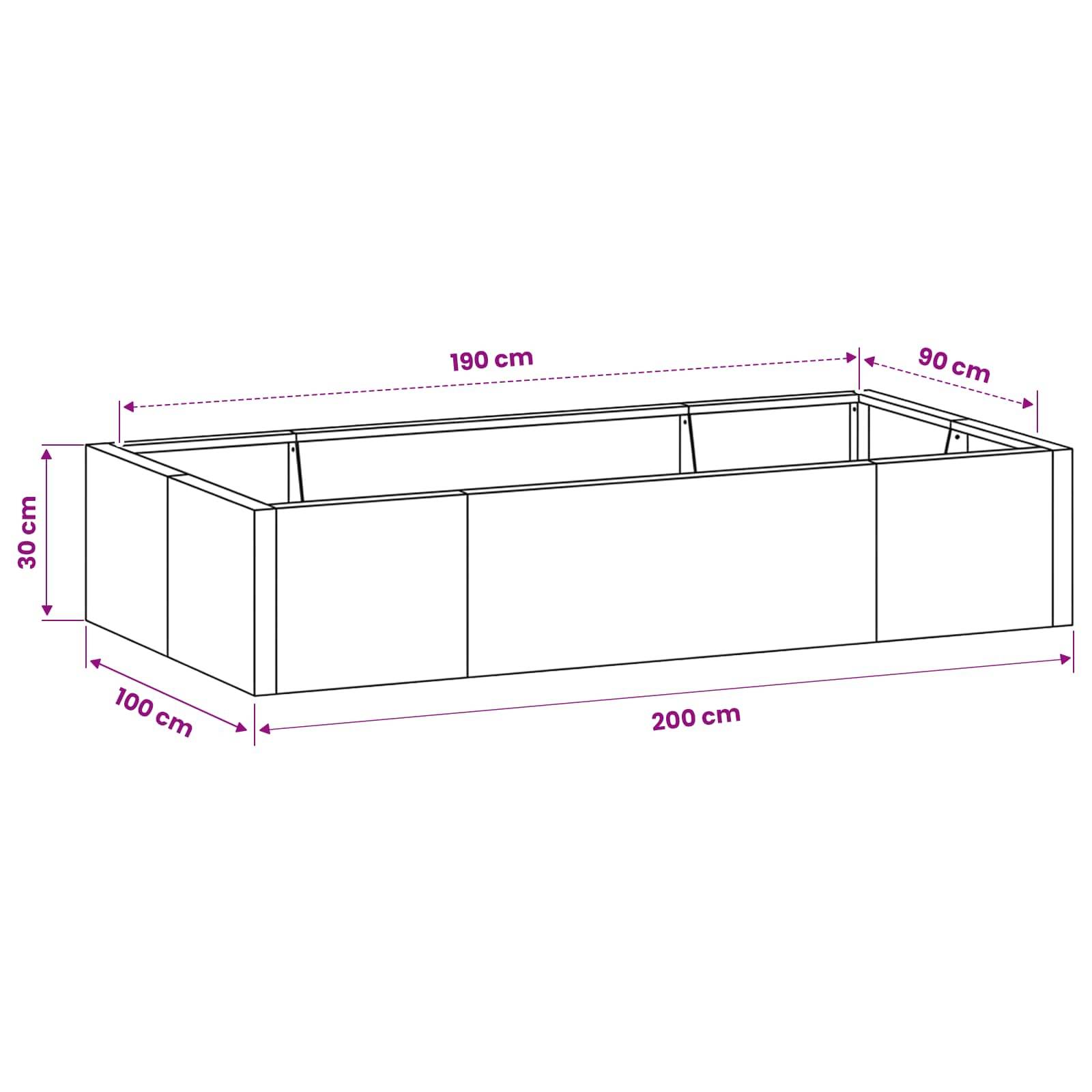 Diagramm eines rechteckigen erhöhten Hochbeetes mit beschrifteten Abmessungen: 200 cm Länge, 100 cm Breite und 30 cm Höhe; innere Längen 190 cm und 90 cm.