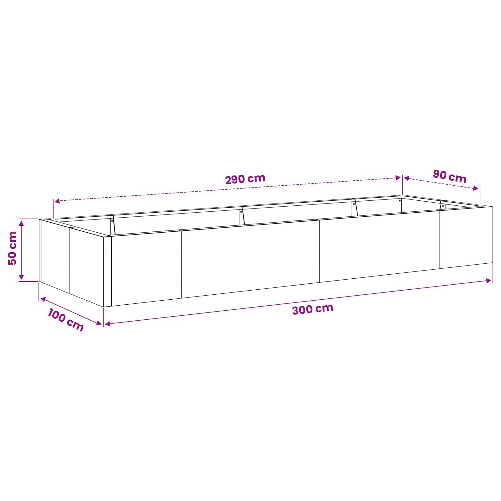 Diagramm eines rechteckigen Pflanzgefäßes oder einer Kiste mit den Abmessungen: 300 cm Länge, 100 cm Breite, 50 cm Höhe, mit 290 cm und 90 cm auf der Oberseite gekennzeichnet.