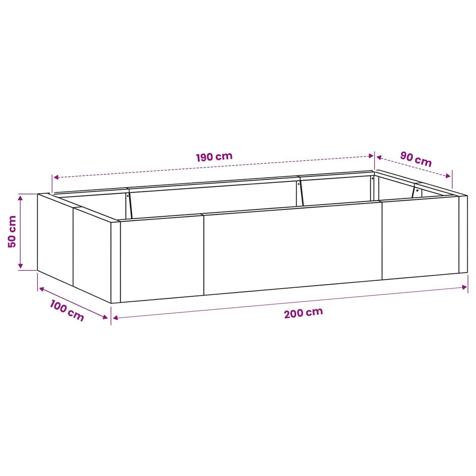 Diagramm eines rechteckigen erhöhten Gartenbeets mit gekennzeichneten Abmessungen: 200 cm lang, 100 cm breit, 50 cm hoch, mit 190 cm innere Länge und 90 cm innere Breite.