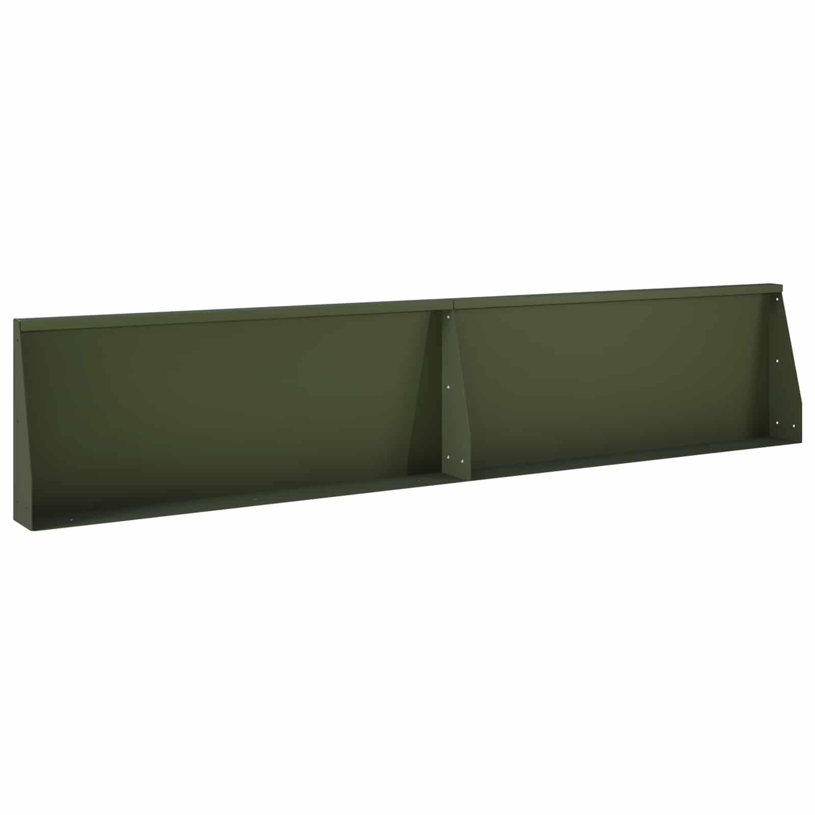 Lange olivgrüne Metalllagershelf oder Pflanzkasten mit einer zentralen Trennwand, gezeigt auf weißem Hintergrund.