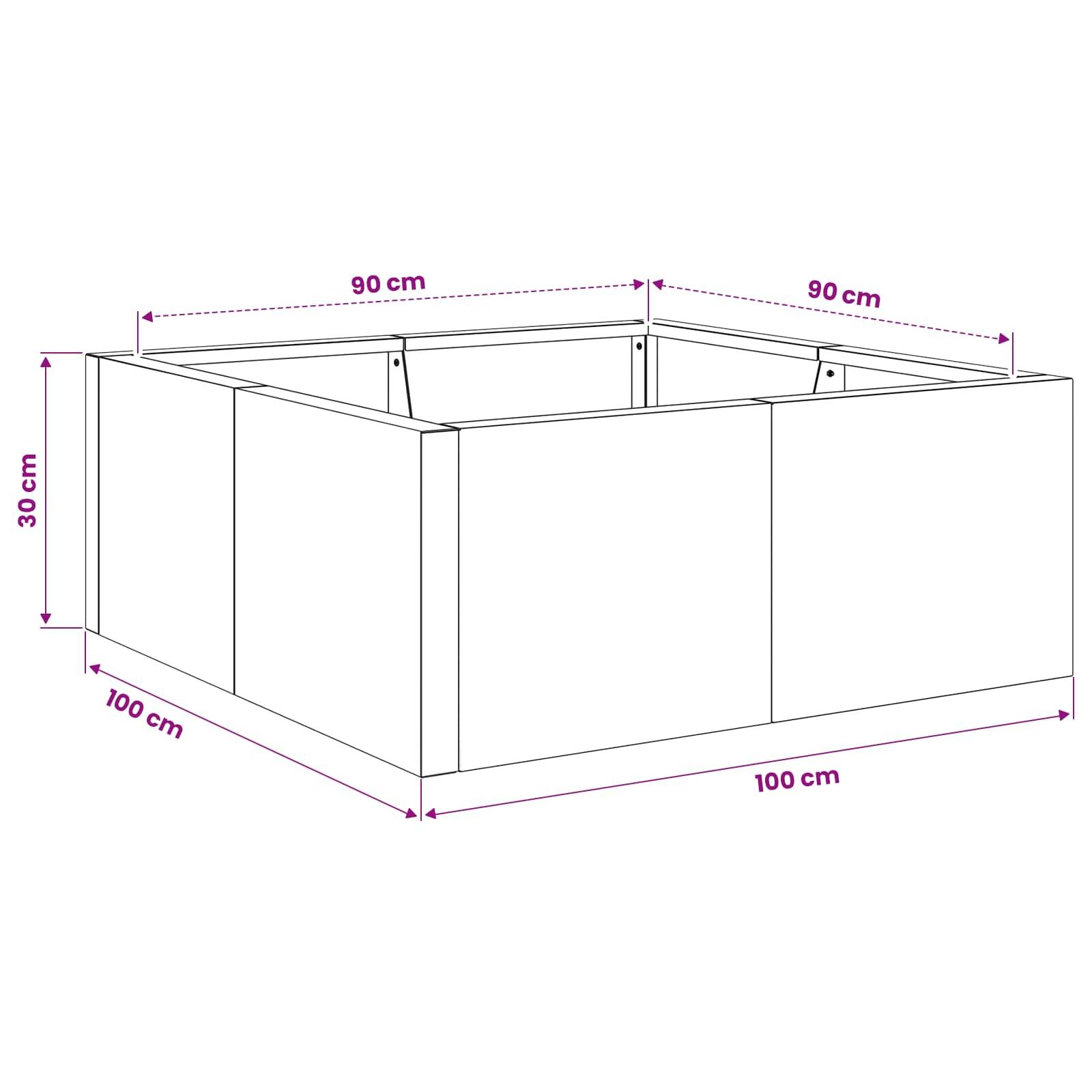 Diagramm eines rechteckigen Pflanzenkastens mit den Abmessungen: 100 cm lang, 90 cm breit und 30 cm hoch.