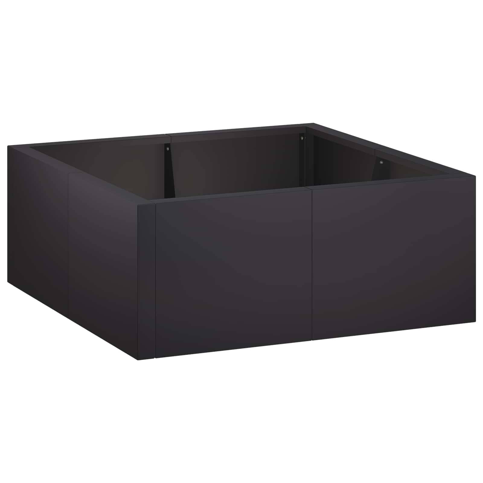 Ein schwarzer quadratischer Blumenkübel mit offener Oberseite, dargestellt in einer einfachen produktstilartigen Ansicht auf weißem Hintergrund.