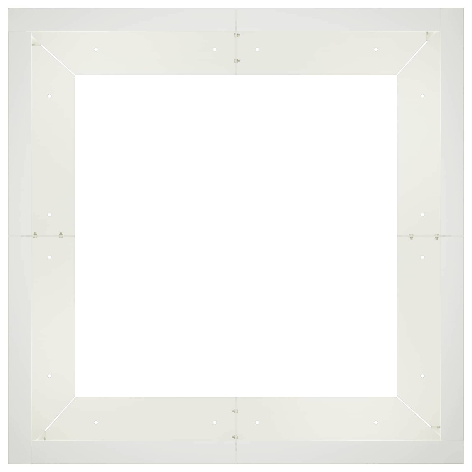 Leeres weißes Quadrat zentriert in einem blassgrauen abgeschrägtem Rahmen mit kleinen gepunkteten Akzenten.